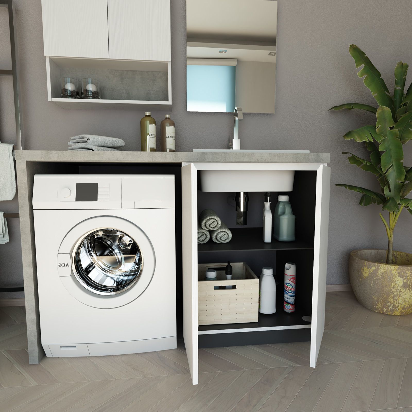 Mobile lavanderia 140 cm con lavabo dx e colonna porta lavatrice e