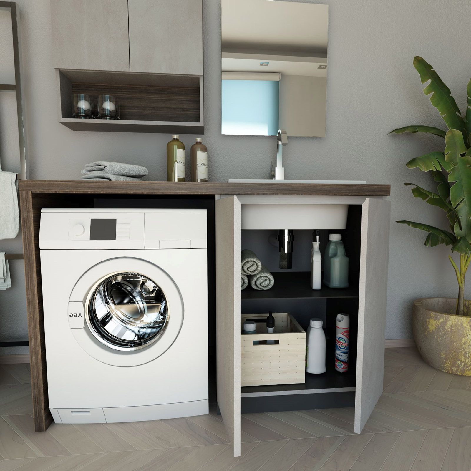 Mobile lavanderia 140 cm con lavabo dx pensile e copri lavatrice grigio -  Vicky
