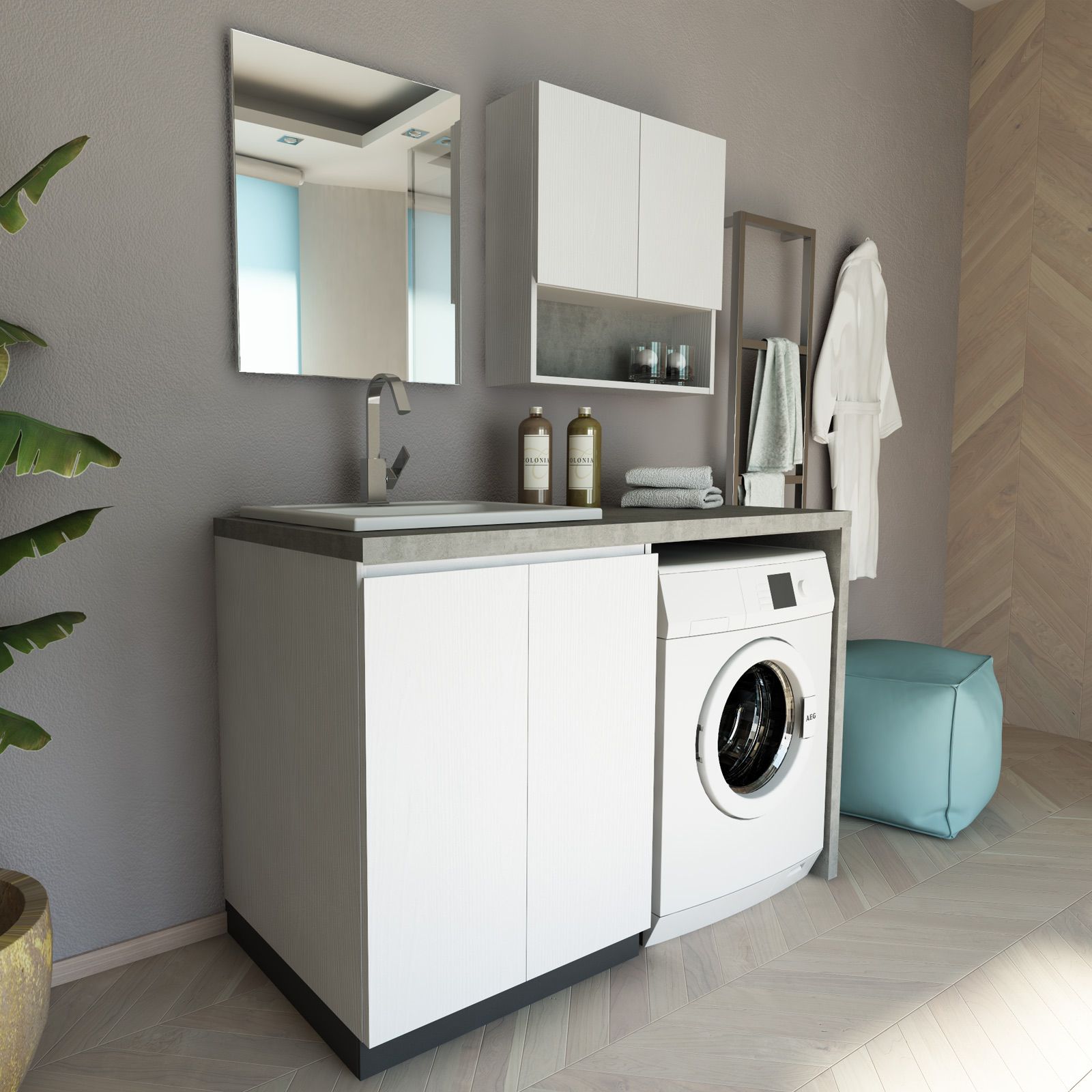 Mobile lavanderia 140 cm con lavabo sx e colonna porta lavatrice e  asciugatrice bianco e frassino - Suize Plus