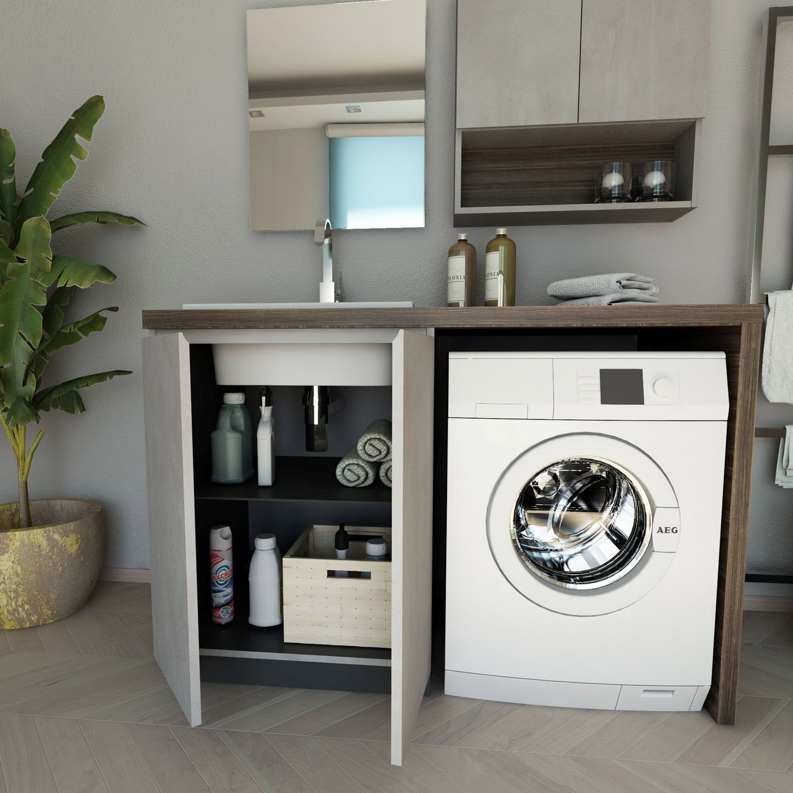Mobile lavanderia 140 cm con lavabo dx pensile e copri lavatrice bianco e  frassino - Vicky