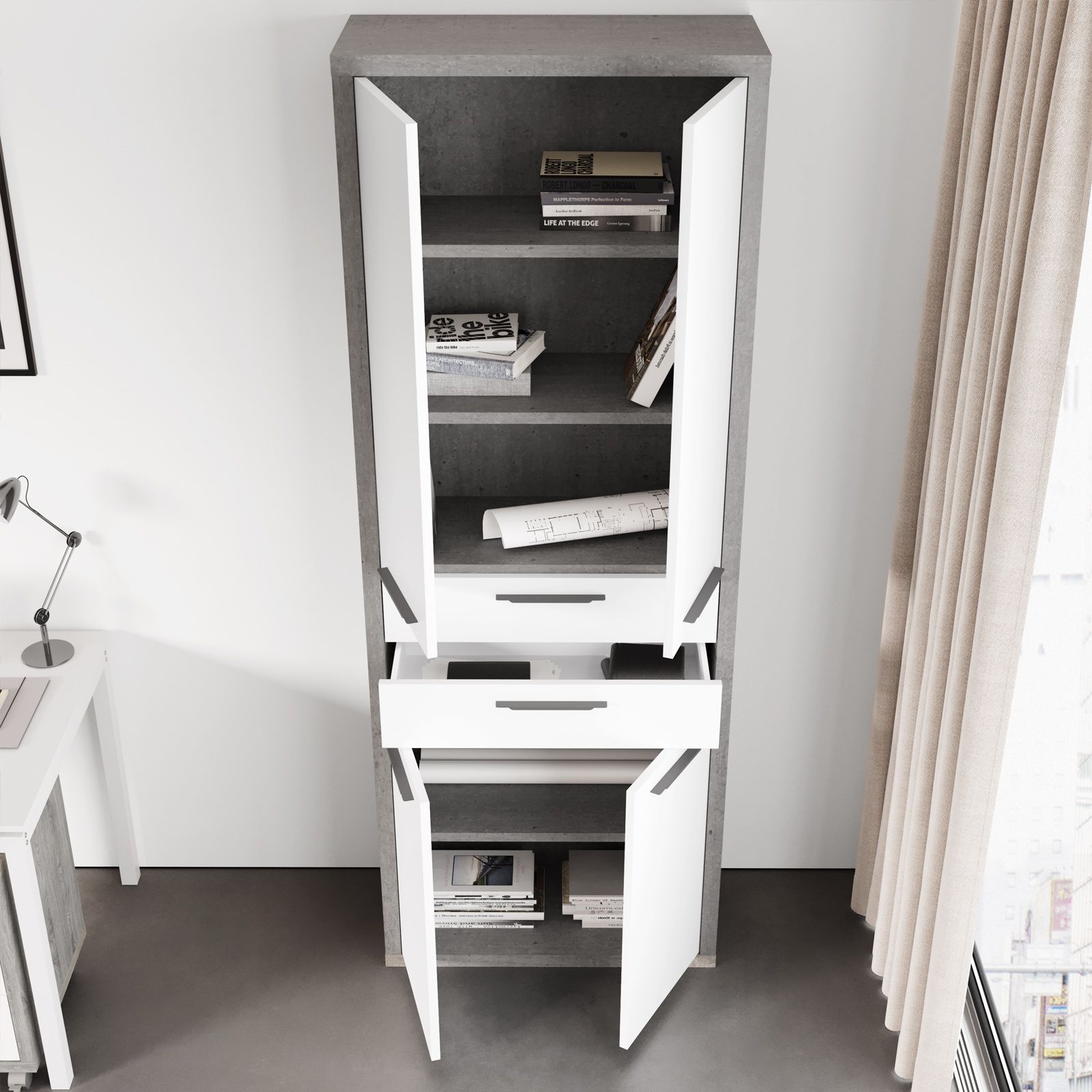 Libreria 82x217h cm grigio cemento con 4 ante e 2 cassetti bianco lucido- Homely  office