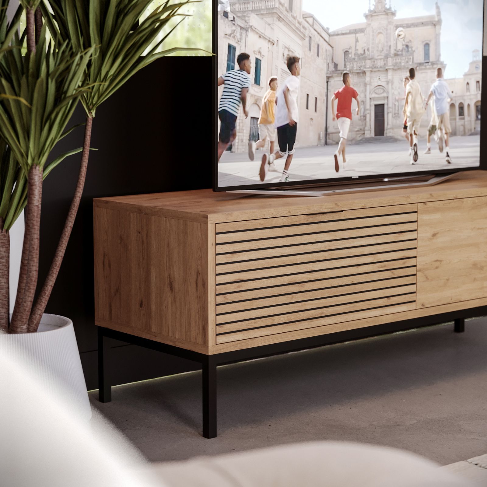 Mobile TV Moderno Con Ante Strutturate E Maniglie Dorate - 170x40x45.5cm | Nero/Grigio Con Piedini Oro - Foto 9