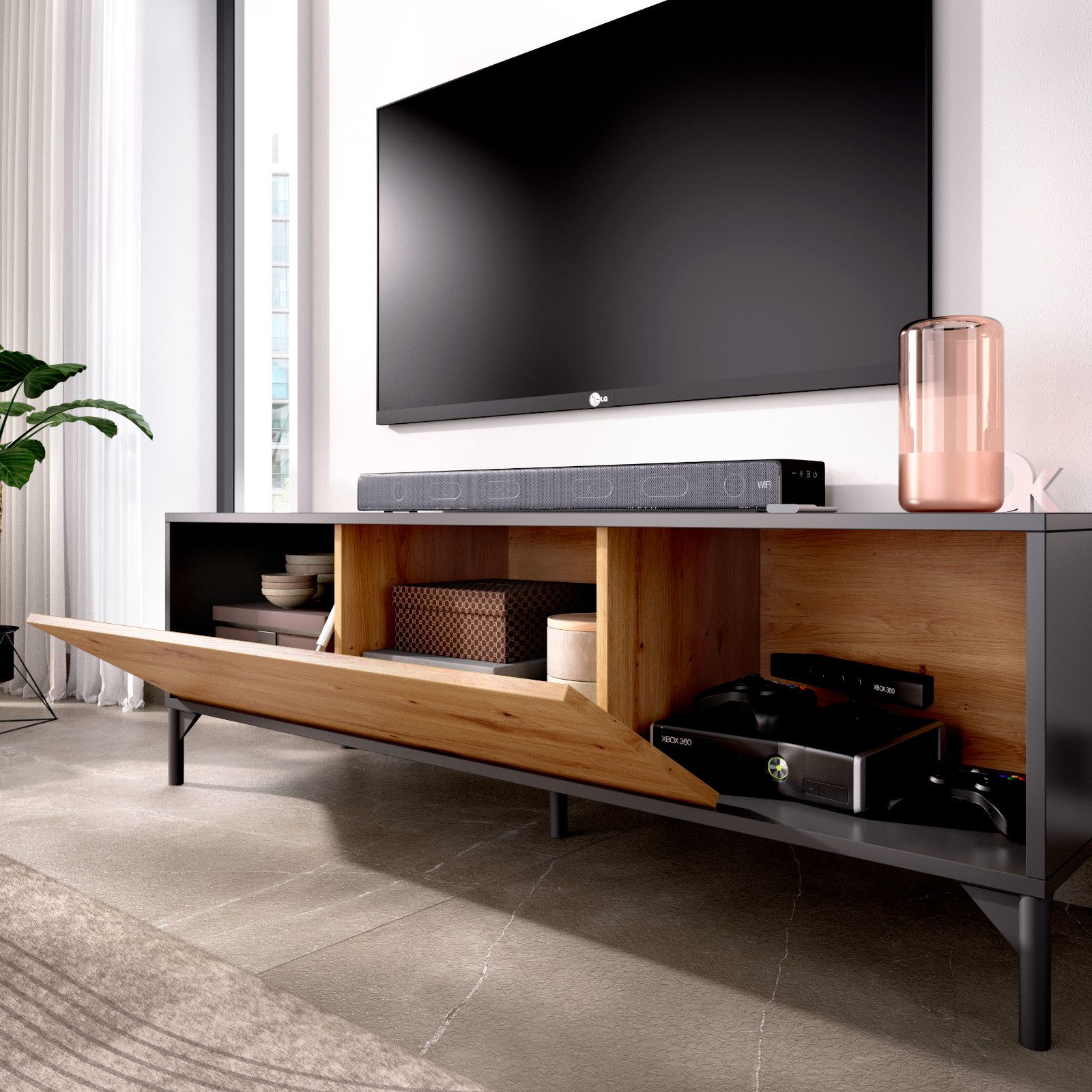 Mobile porta TV 165 cm in legno rovere nordico e grafite - Maril