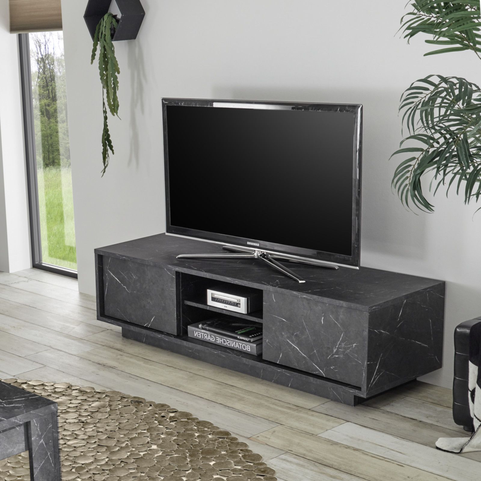 Mobile porta tv 139 cm in legno nero effetto marmo - Auriga