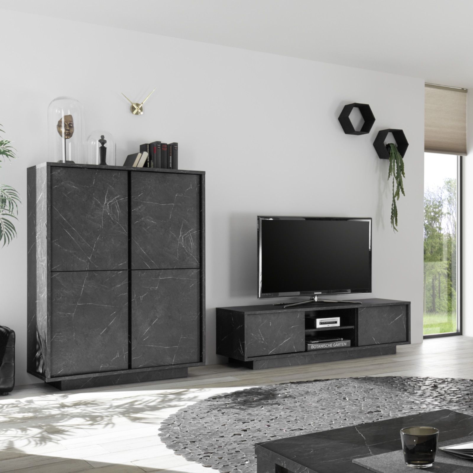 Mobile porta tv 139 cm in legno nero effetto marmo - Auriga