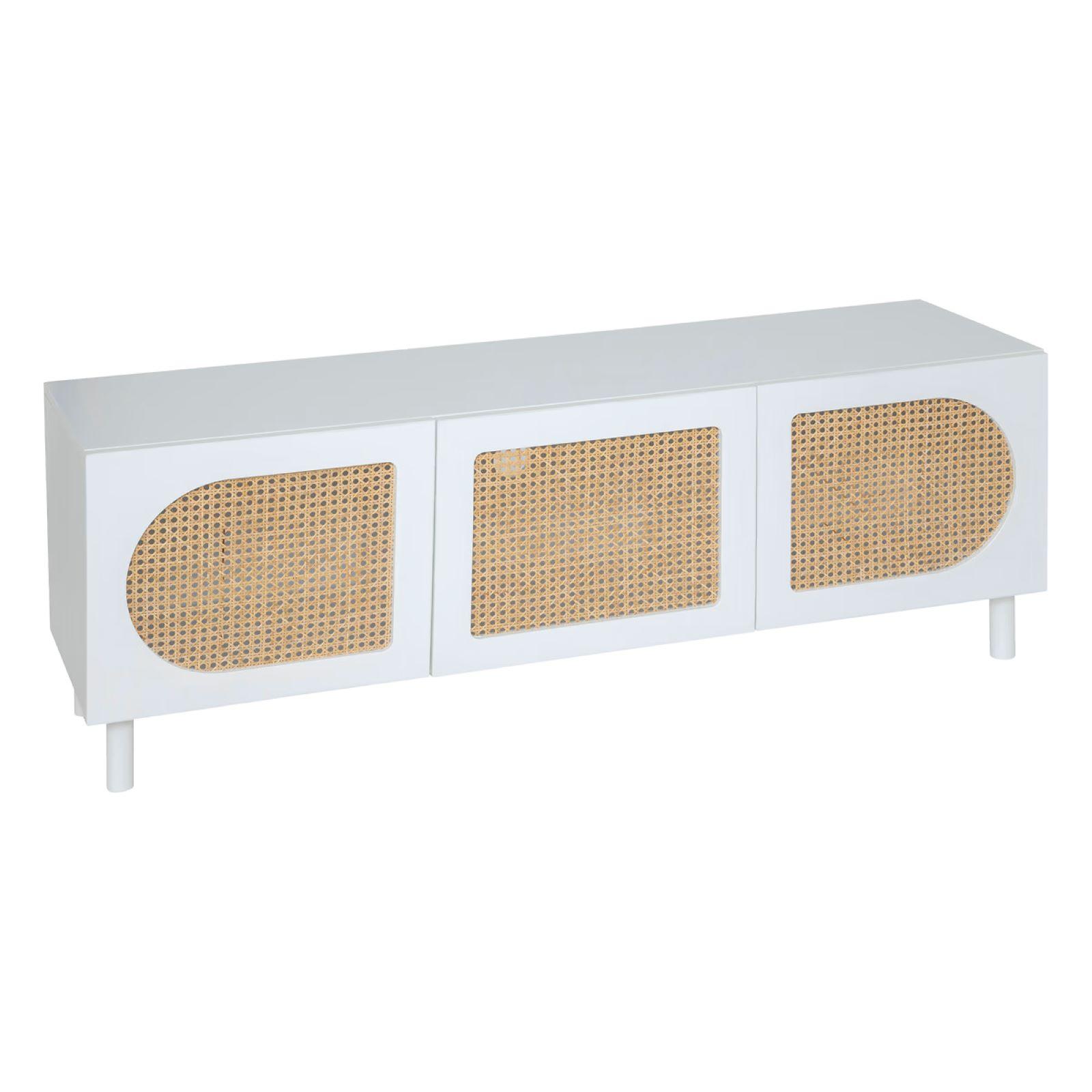 Mobile porta tv 140x50h cm in legno bianco con ante in paglia di
