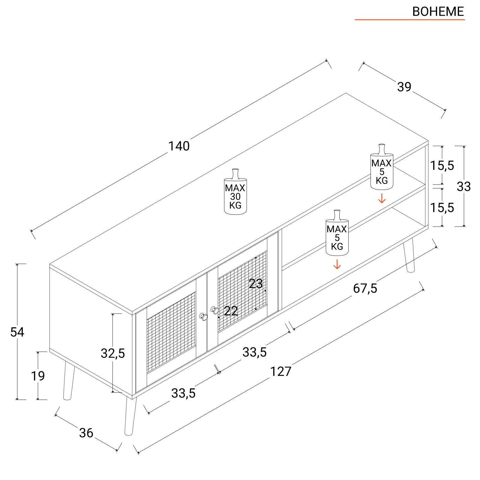 Mobile porta tv 140x54h cm in legno naturale con 2 ante in rattan e vani a  giorno - Boheme