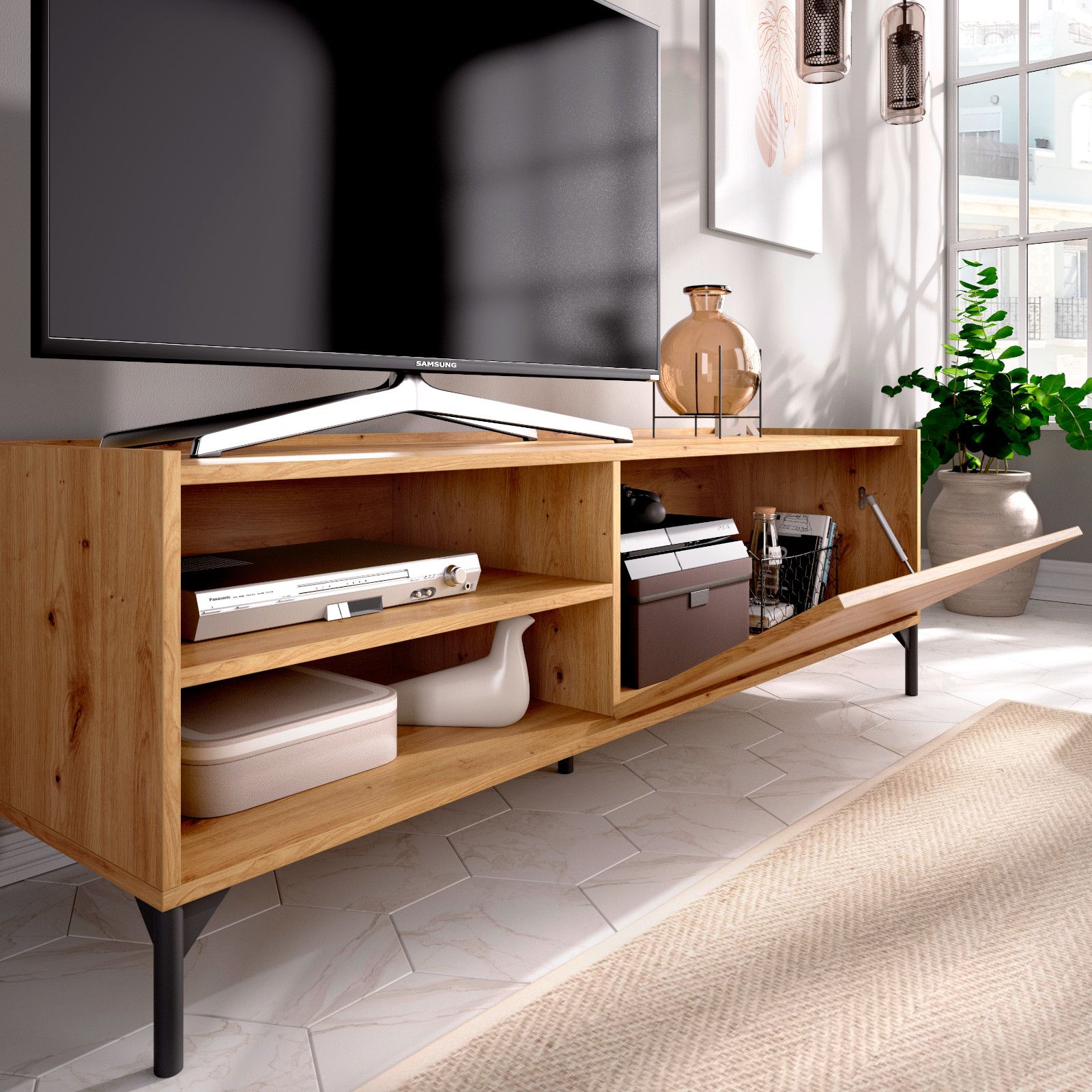 Mobile porta tv 180 cm con pensile in legno naturale e grafite - Eike