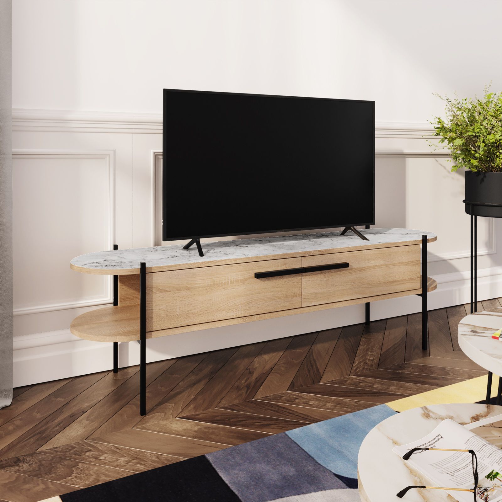 Mobile porta tv 160 cm in legno rovere con top in marmo bianco - Hypto