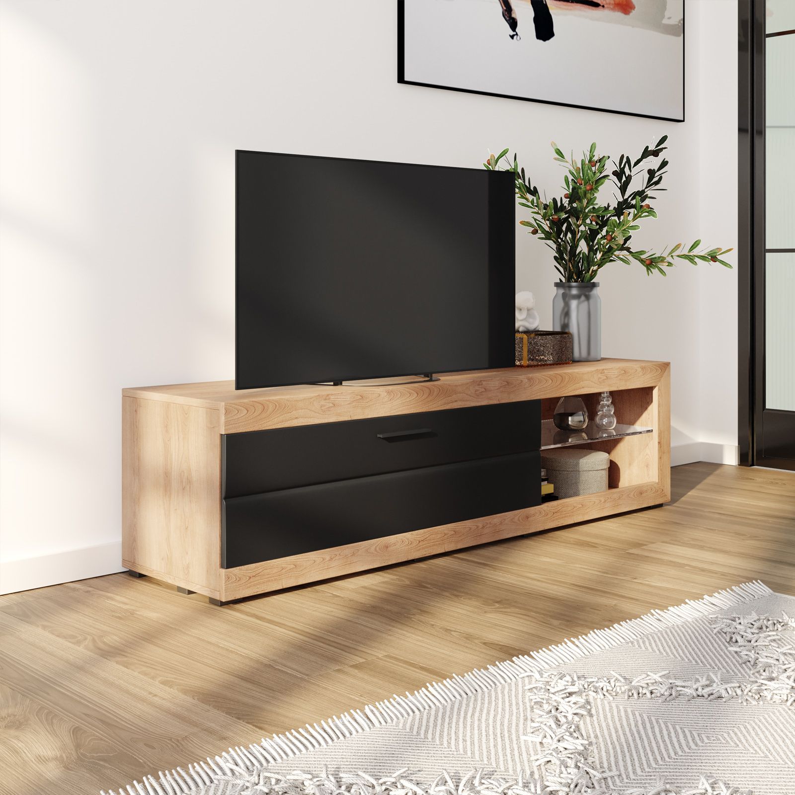 Mobile porta tv 162x43,5h cm con un'anta in legno rovere savana e nero -  Sundust