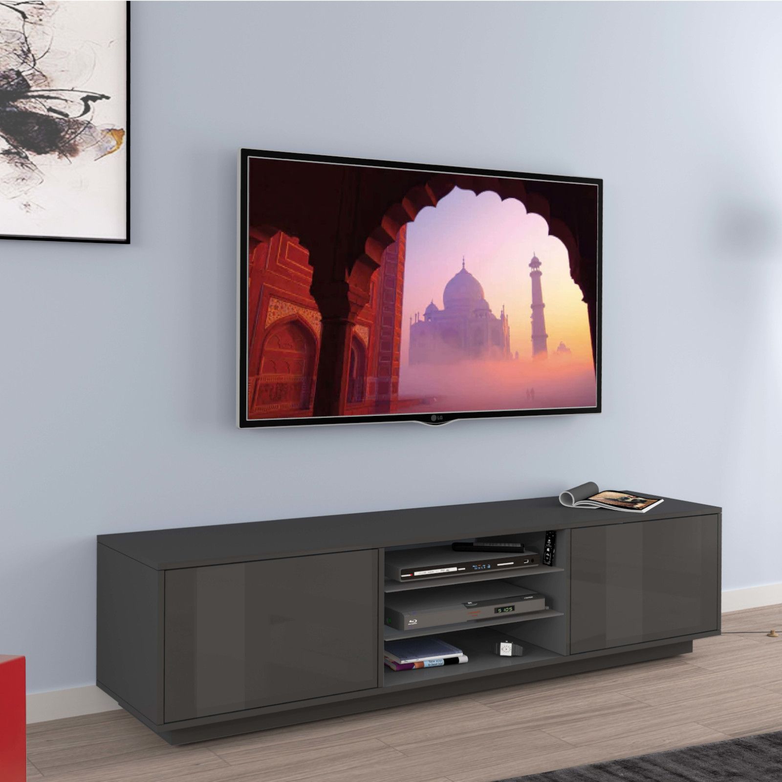 Mobile porta TV 180x46h cm con ripiani in vetro e ante in legno antracite  opaco - Blaze