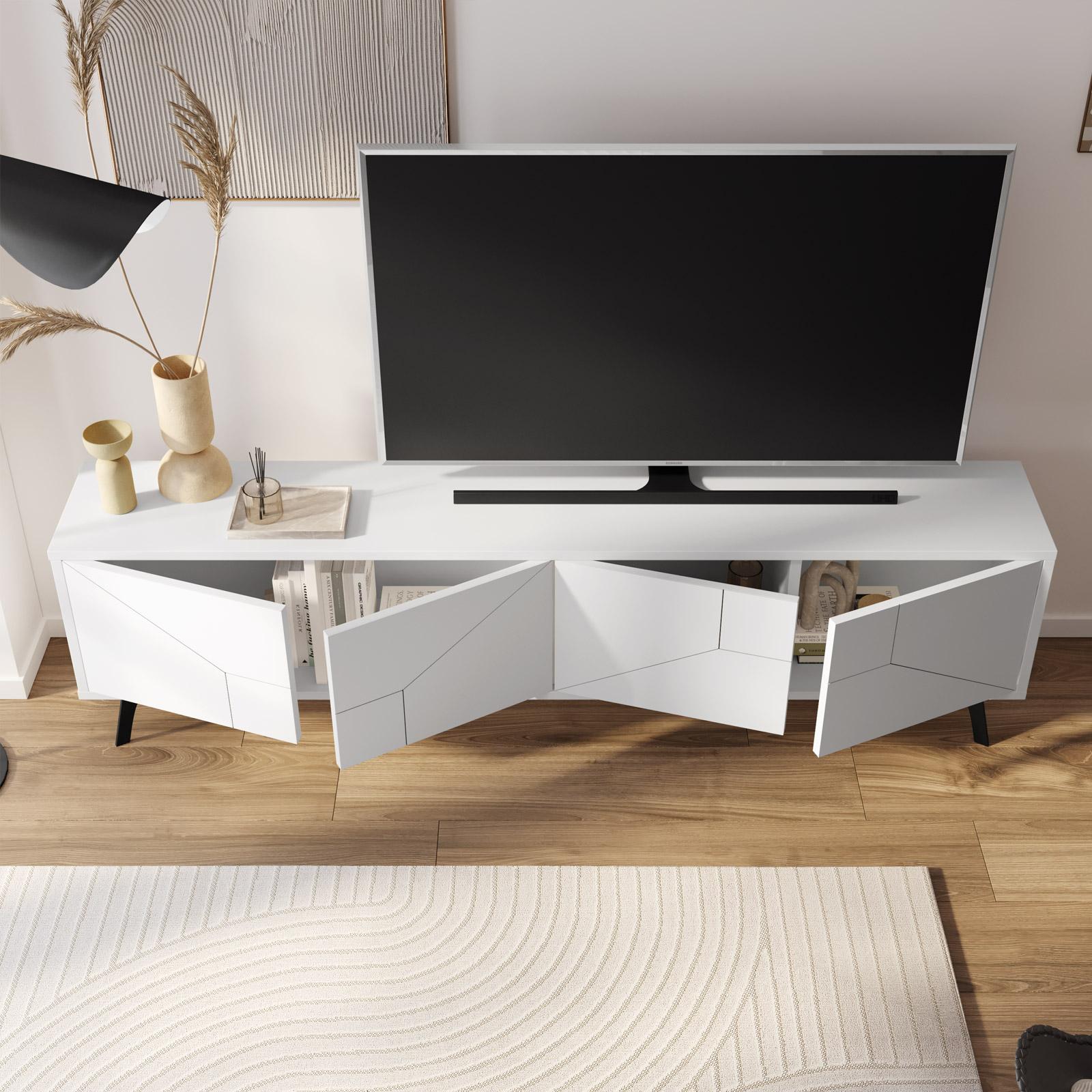 Mobile TV Dolamaní 180x38x46 Cm, Stile Moderno Industriale, Bianco Con Ante A Griglia, MDF Resistente, Carico 50kg