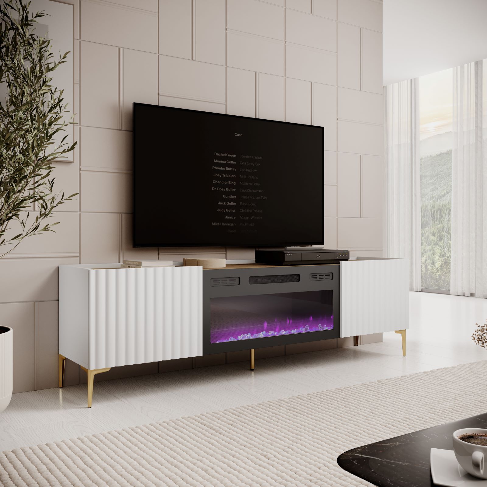 Mobile TV Soggiorno Skraut Home - Con Camino Elettrico LED, Bianco E Rovere, 200x45x35 Cm