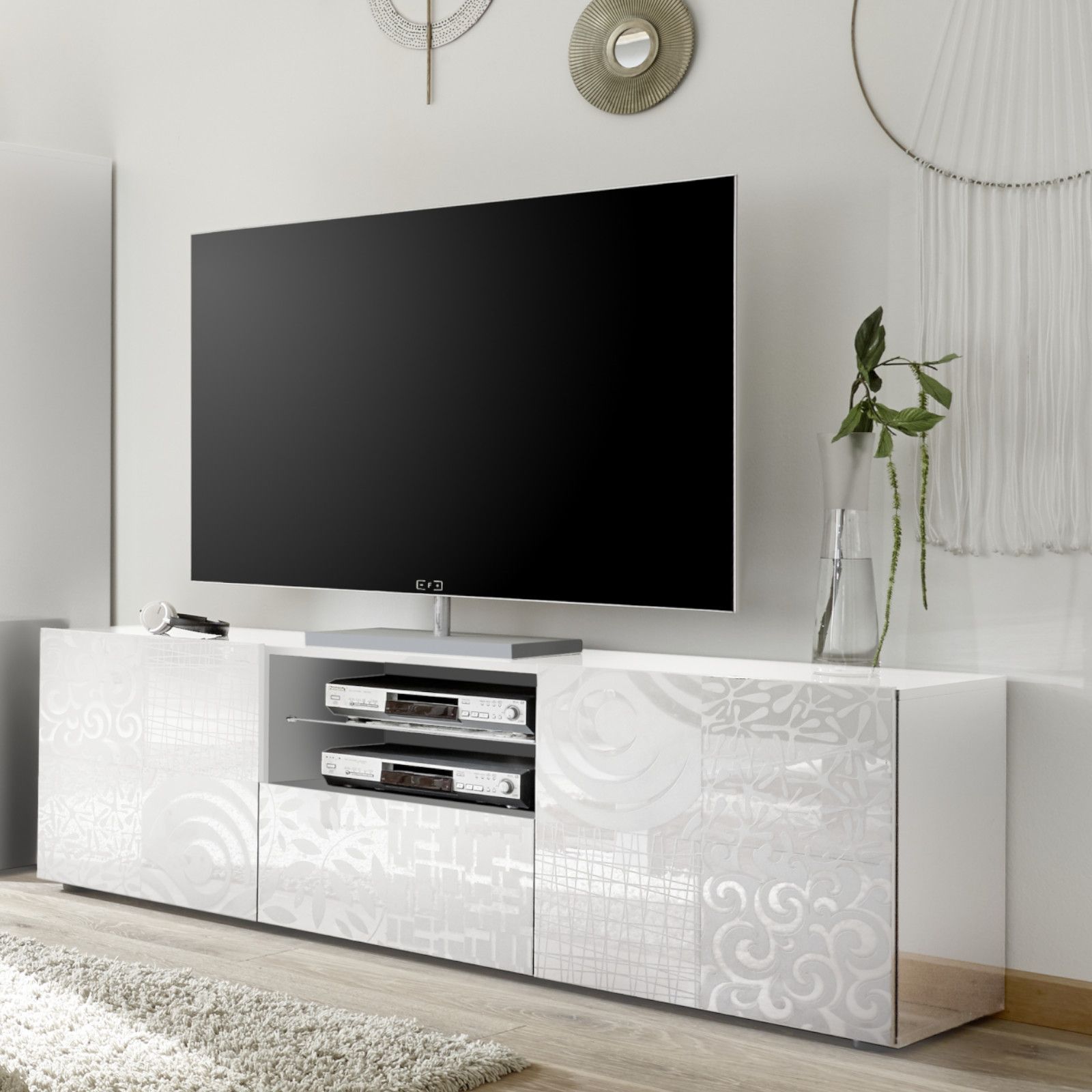 Mobile porta tv 181 cm con due ante in legno bianco lucido