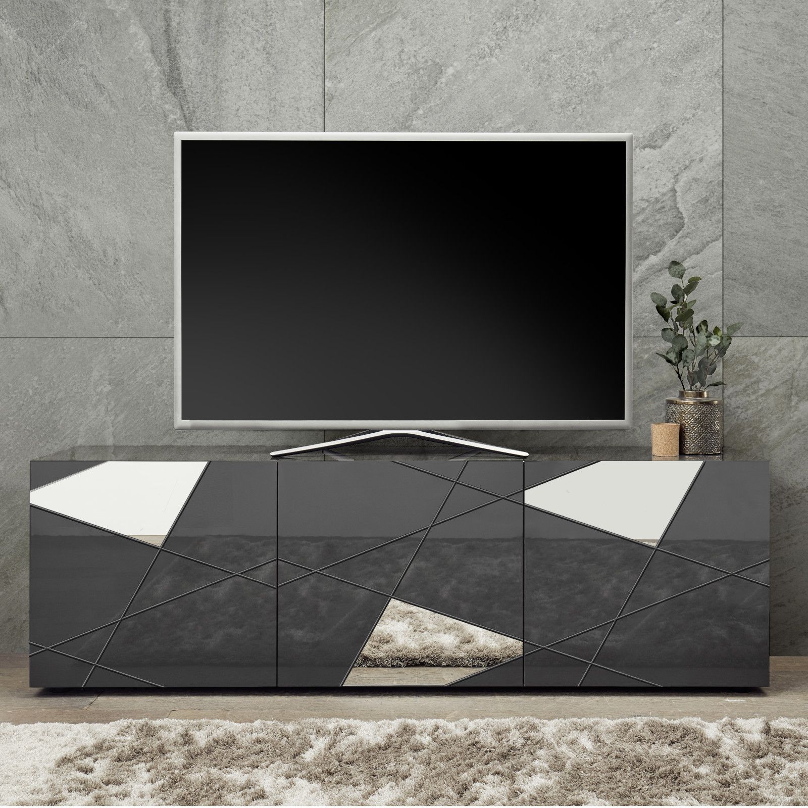 Mobile porta tv soggiorno 180x57cm grigio chiaro nero Cadice