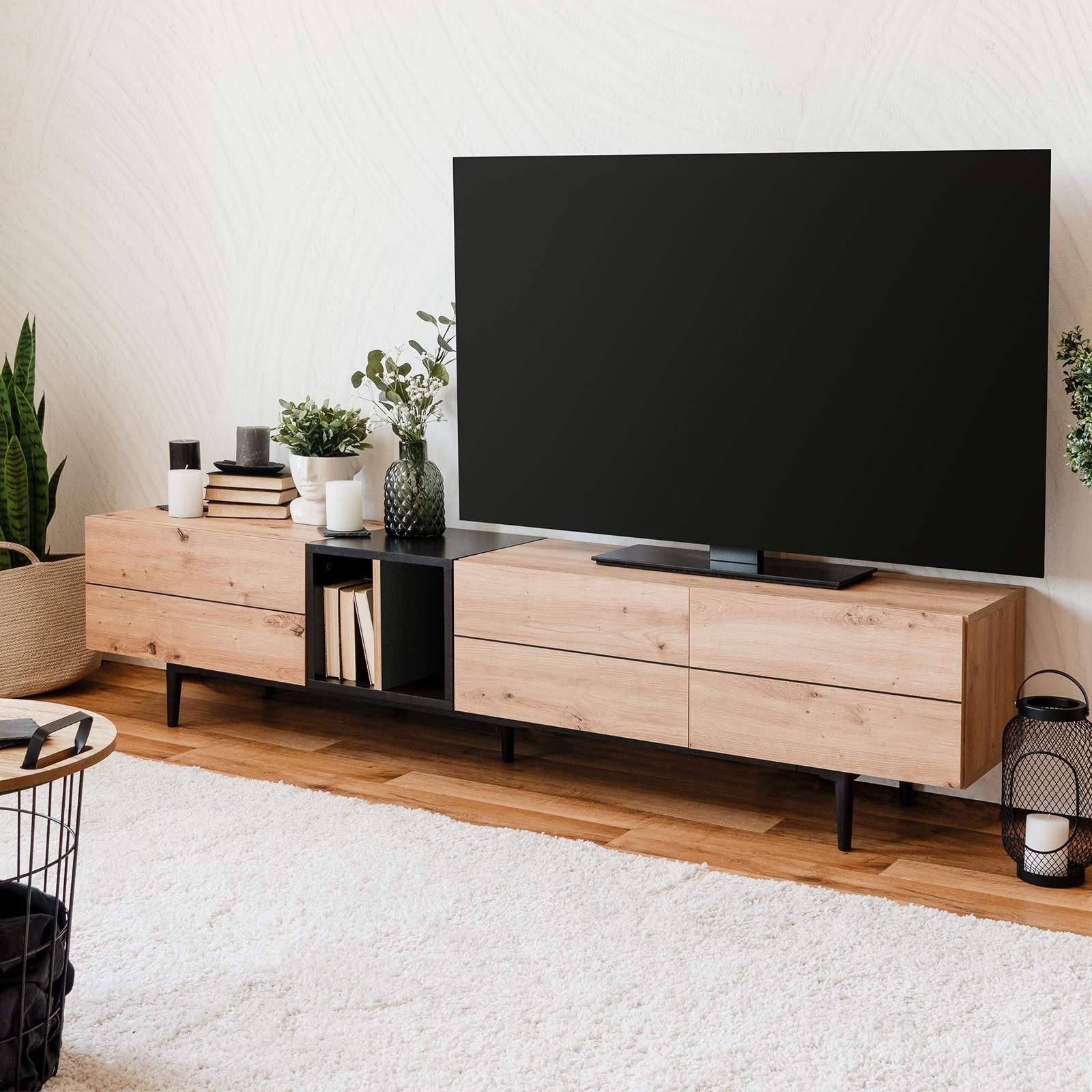 Mobile porta tv 124x50h cm in legno rovere e nero con anta a ribalta e  gambe in metallo - Dalime