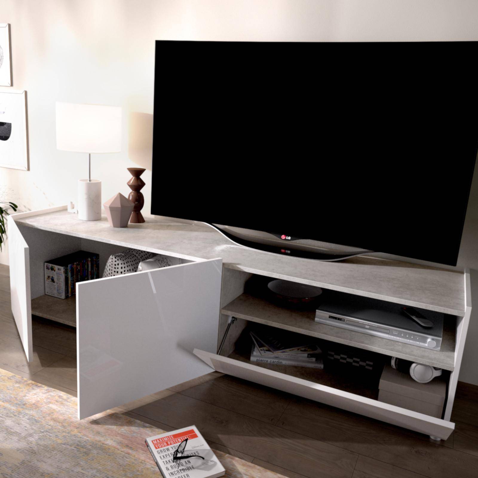 BAND mobile porta tv living Bianco Lucido - Cemento 200 cm