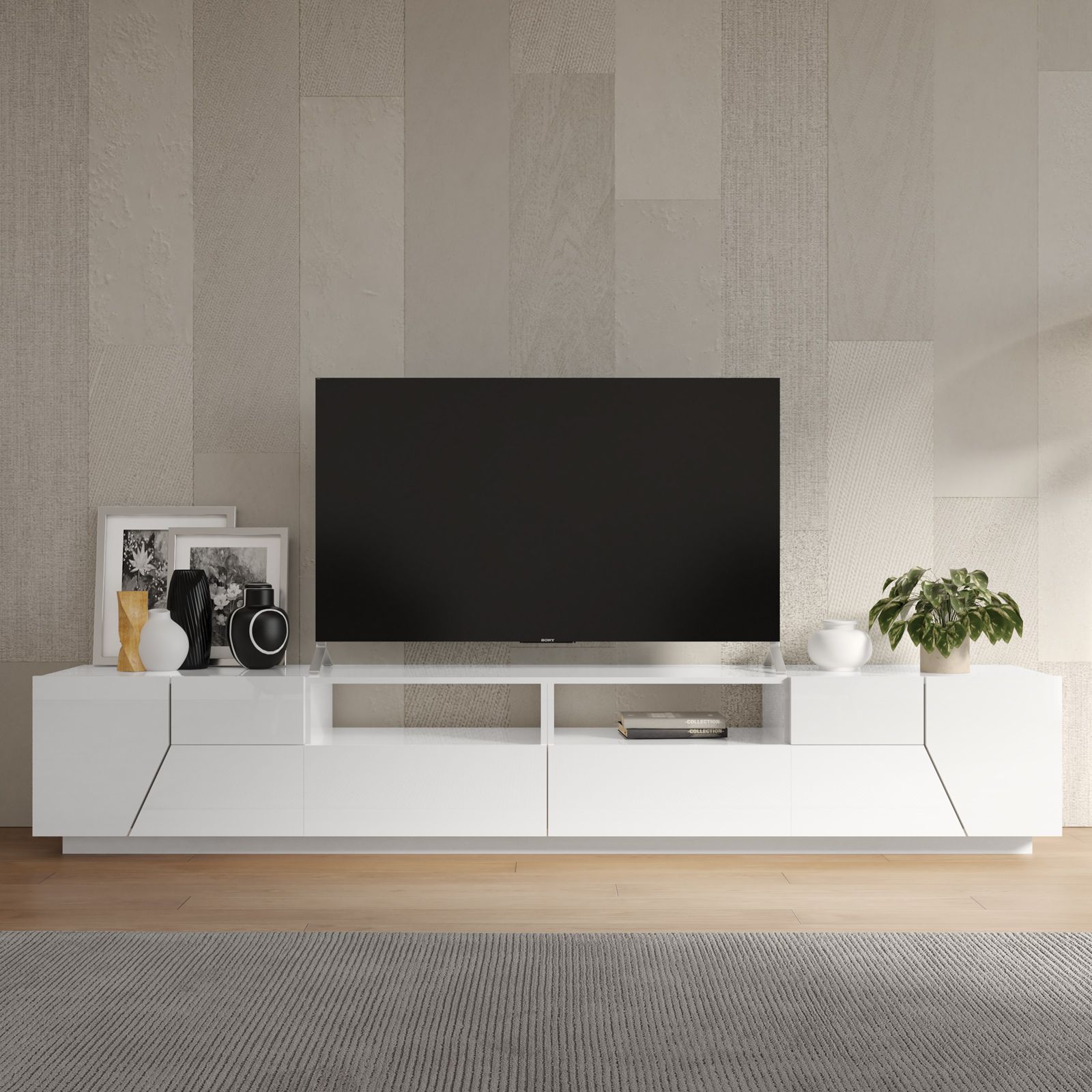 Mobile porta tv 200x44,2x45h cm bianco lucido e grigio cemento - Reina