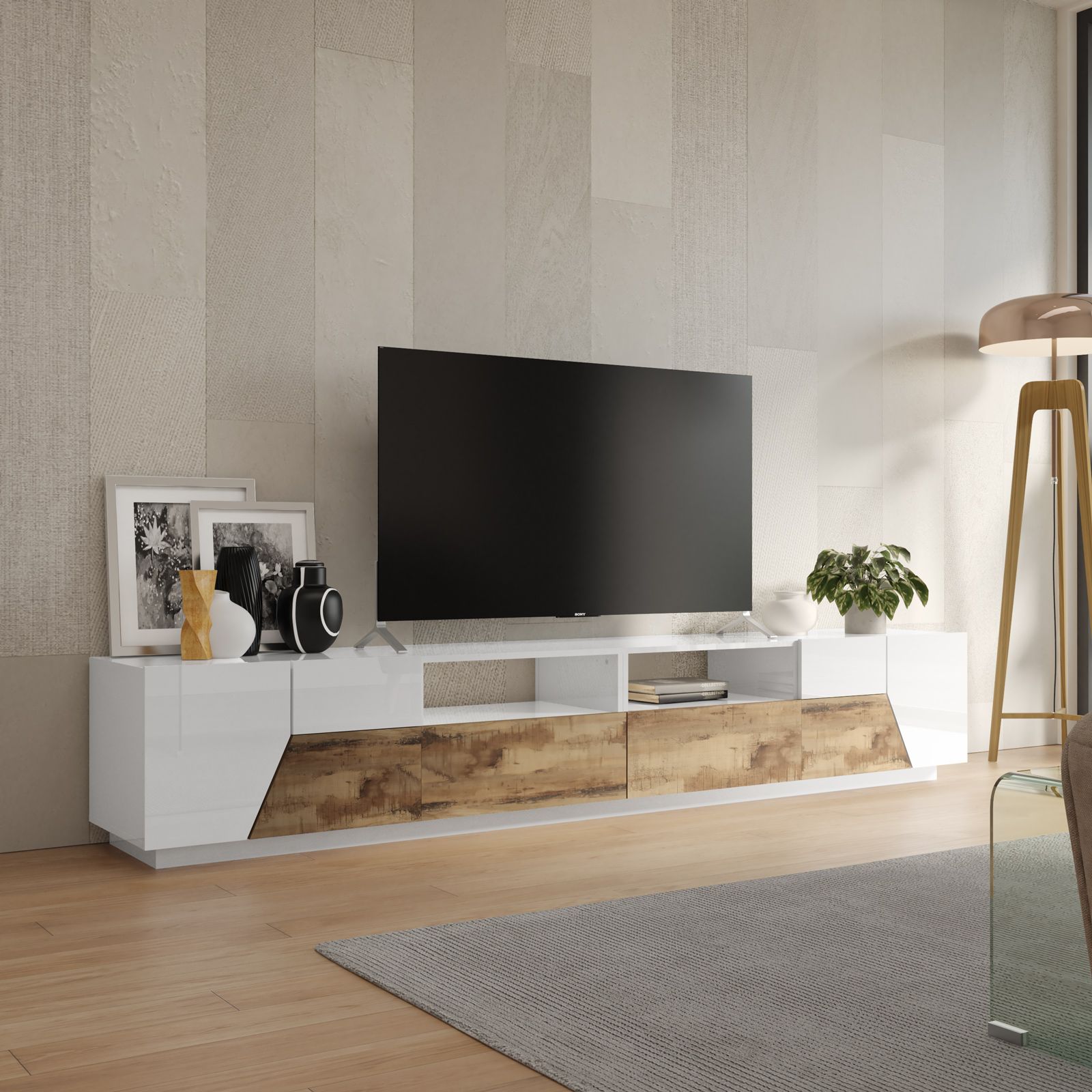 Soggiorno Mobile Porta Tv 240x41 Cm In Legno Bianco Lucido Boras