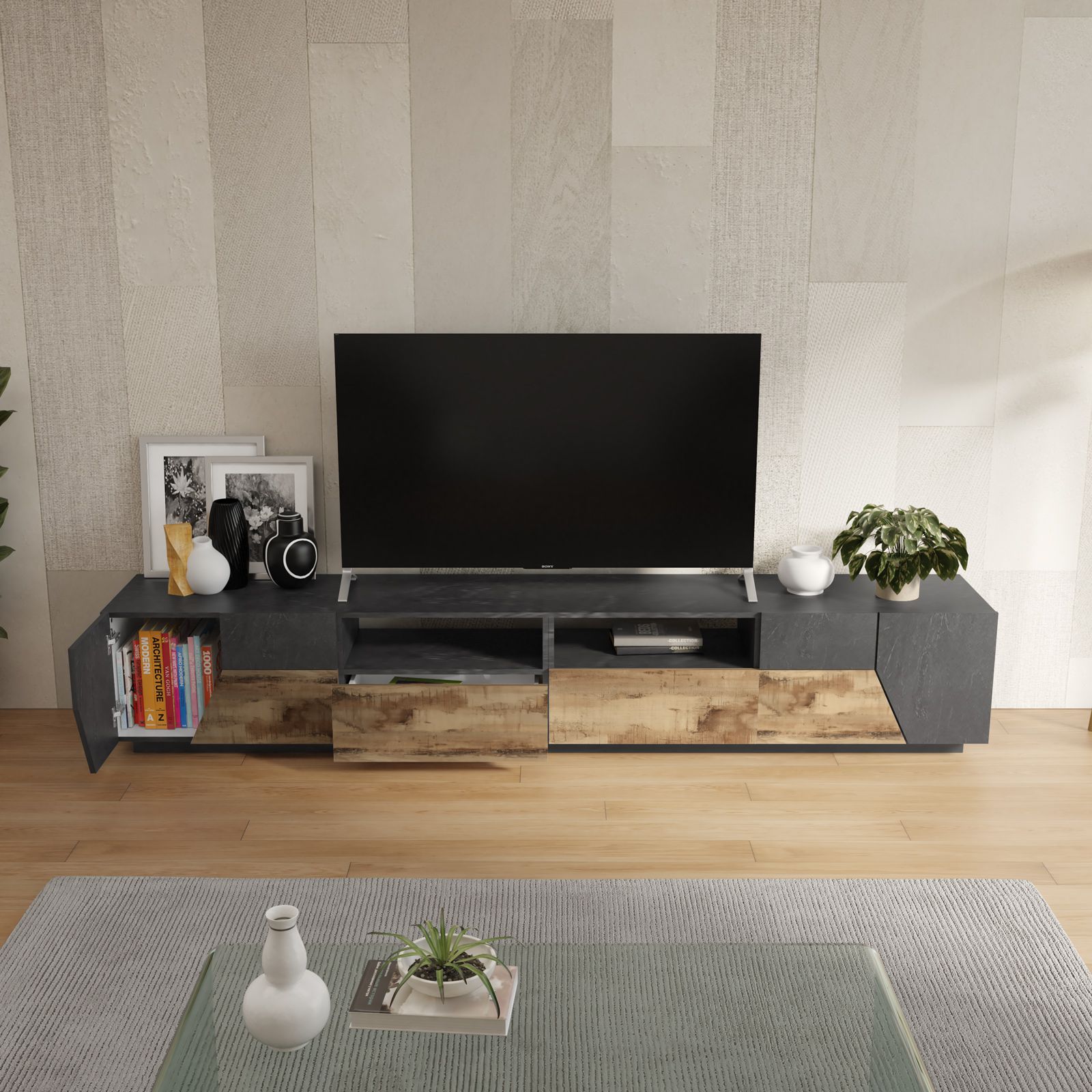 Mobile porta tv 260 cm con 4 ante e 2 cassetti in legno bianco lucido -  Diako