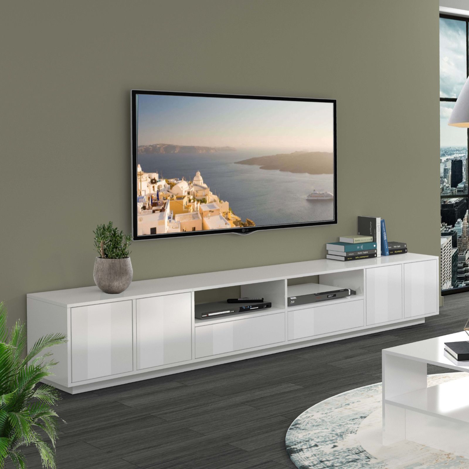 Mobile porta tv 260x46h cm con ante e cassetti in legno bianco lucido -  Blaze