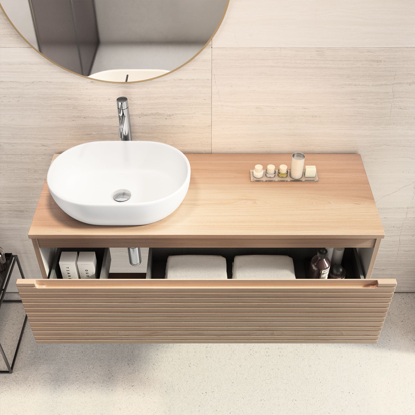 Mobile bagno sospeso portalavabo sx 120 cm rovere portofino con lavabo  bianco marmo - Nancy