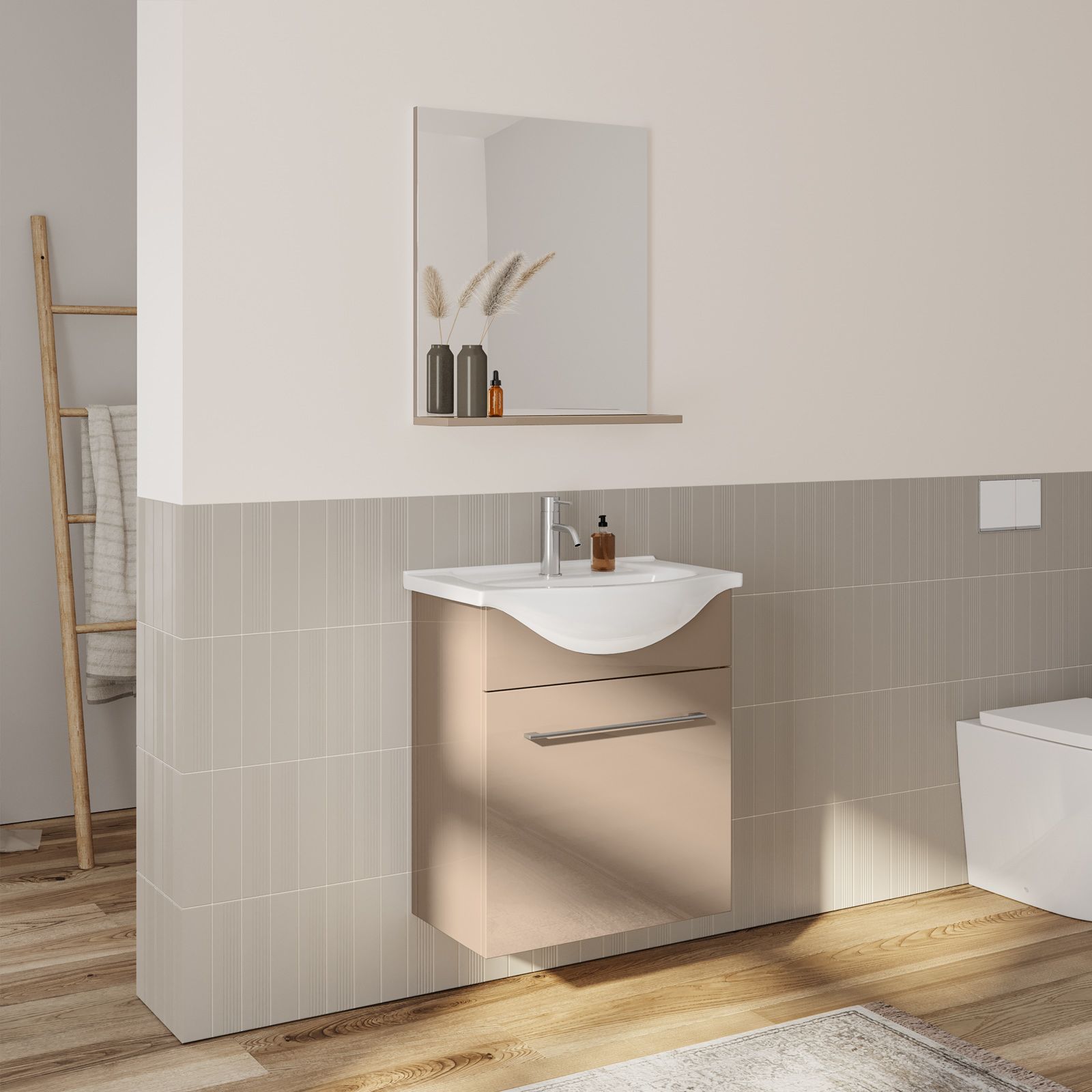 Mobile bagno sospeso 60 cm profondità 42 cm bianco lucido con specchio e  mensola - Ready