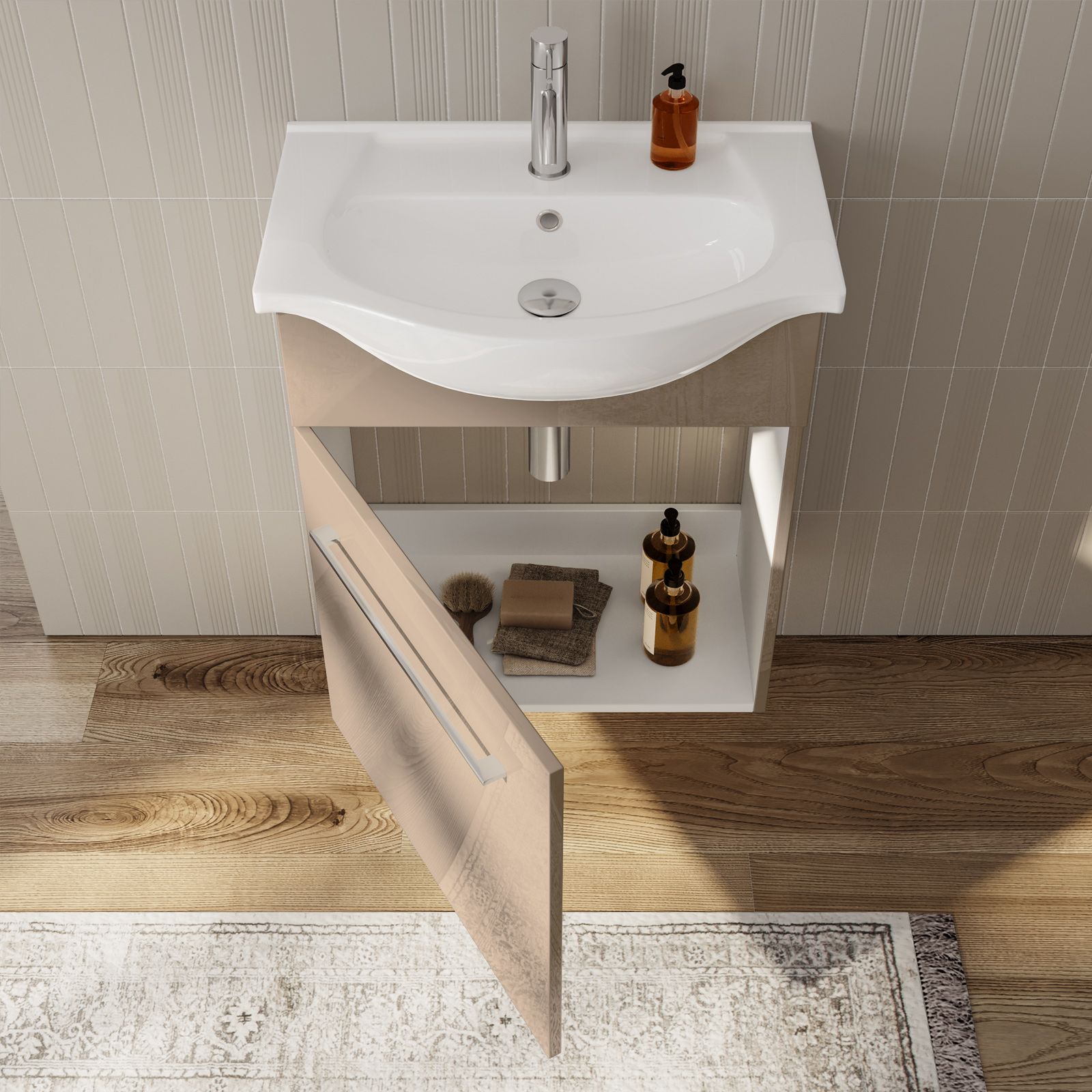 Specchiera bagno 55x63,5h cm con mensola d'appoggio tortora lucido - Ready