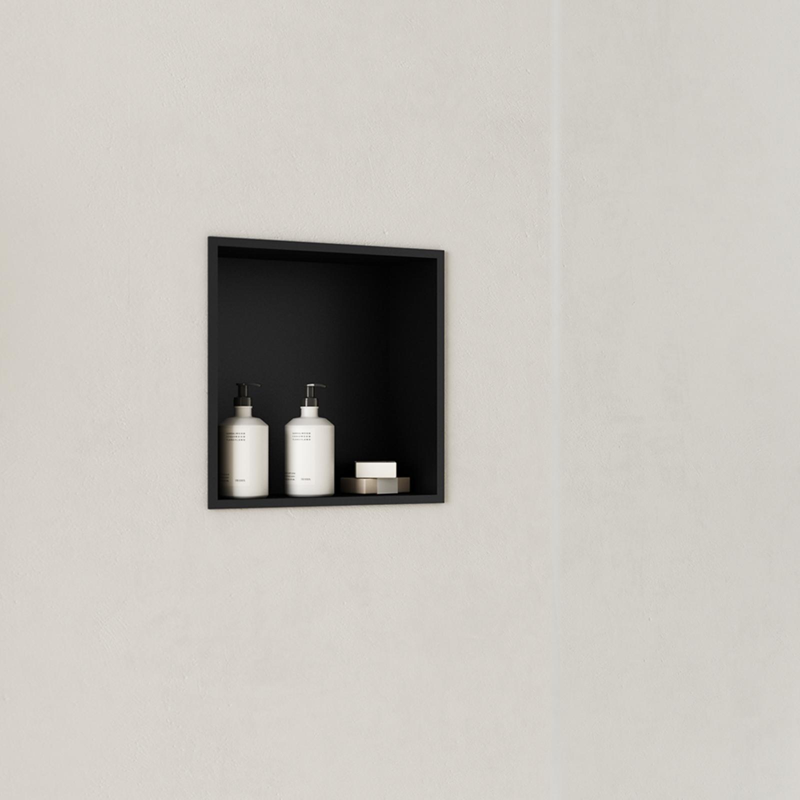 PHLEPS Nicchia da bagno in acciaio inossidabile, porta rotolo di carta igienica incorporato, rack per scopino per bagno hotel, mensola da incasso a nicchia a parete (colore: nero-A, dimensioni: 65 x