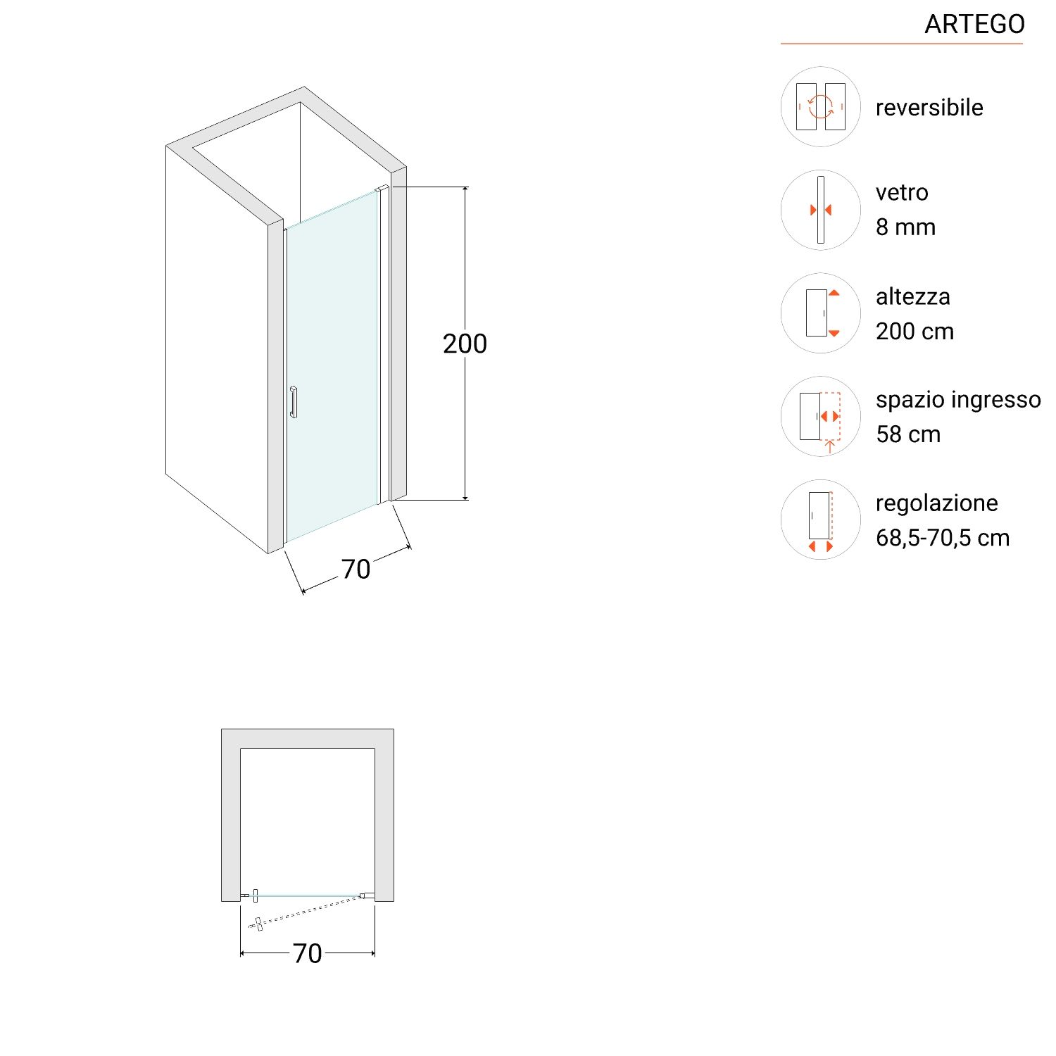 Porta doccia battente per nicchia 90 cm trasparente 8 mm anticalcare  reversibile - Artego