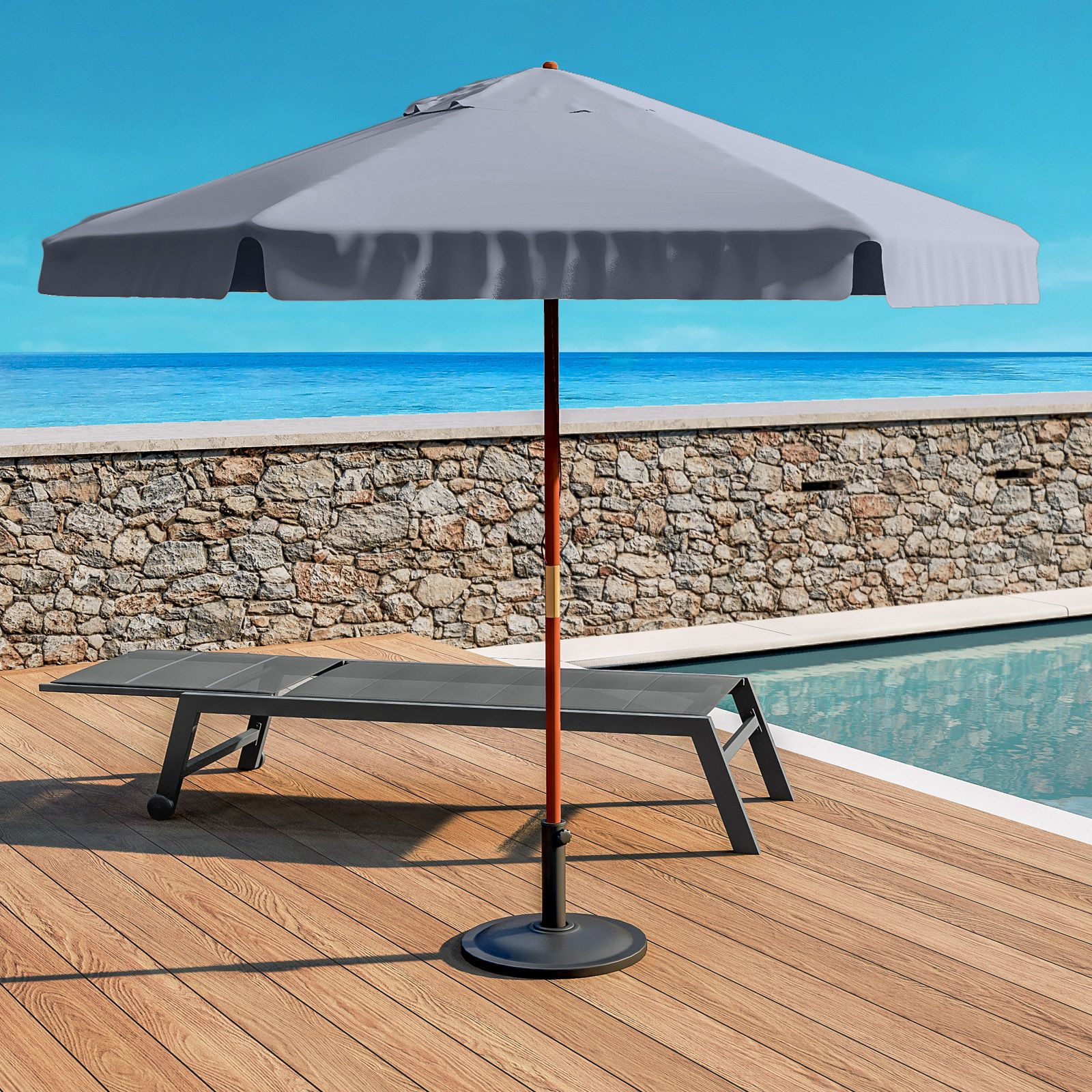 HAPPYGRILL Ombrellone Da Giardino Rotondo 2,7m, Con Manovella E Inclinazione, Palo In Alluminio E 18 Stecche In Fibra Di Vetro, Beige