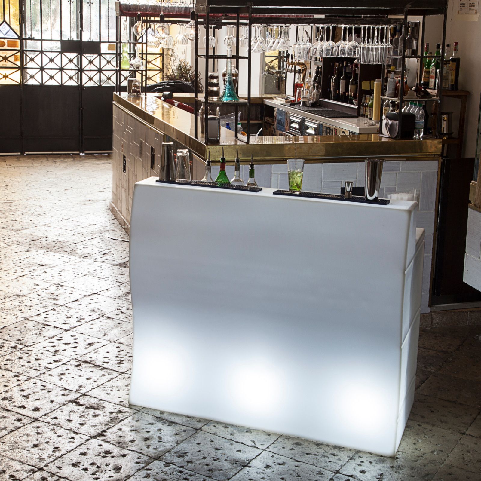 Bancone open bar 148x110 h cm con piano in plexiglass bianco e kit