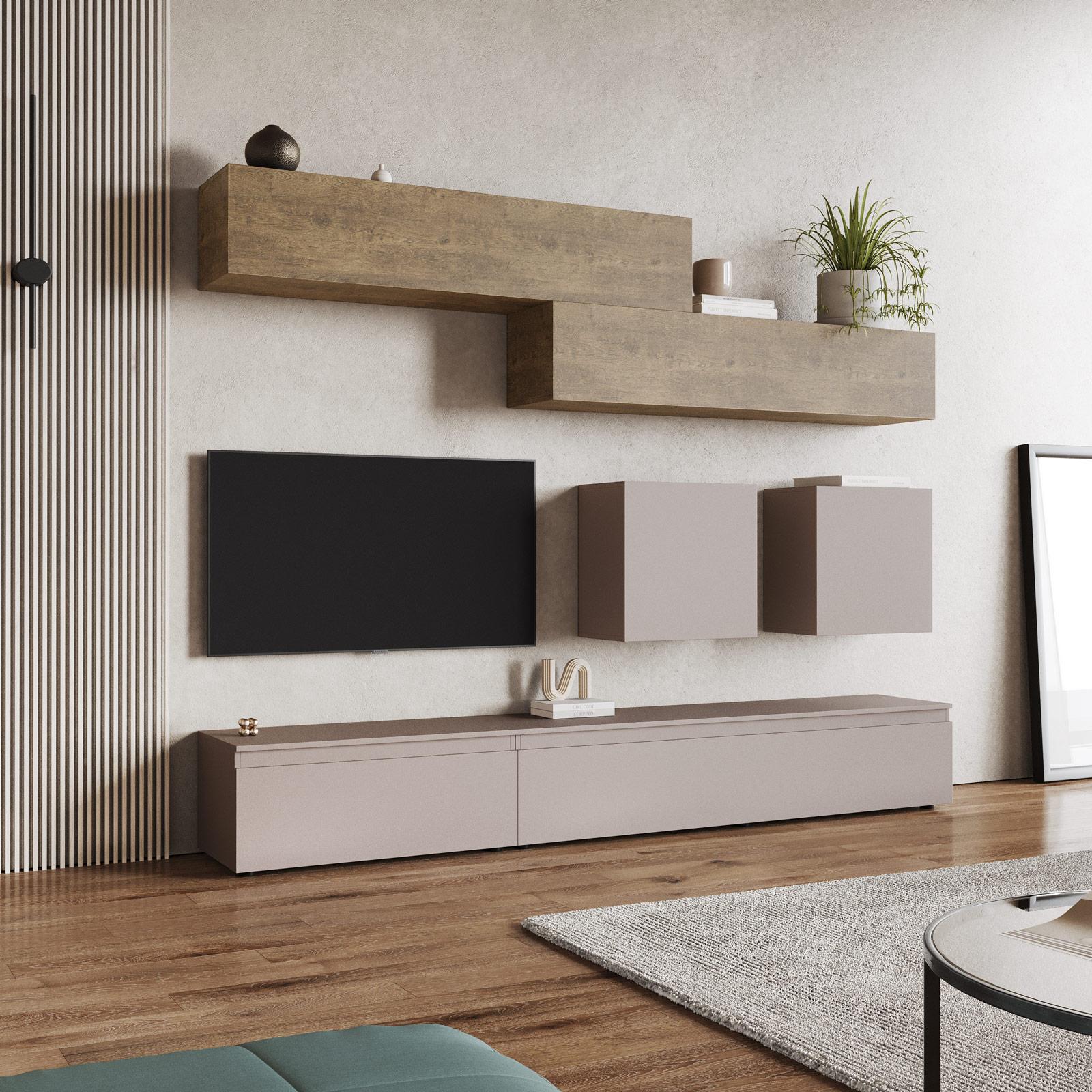 Parete attrezzata 250 cm rovere scuro e tortora con pensili e cubi