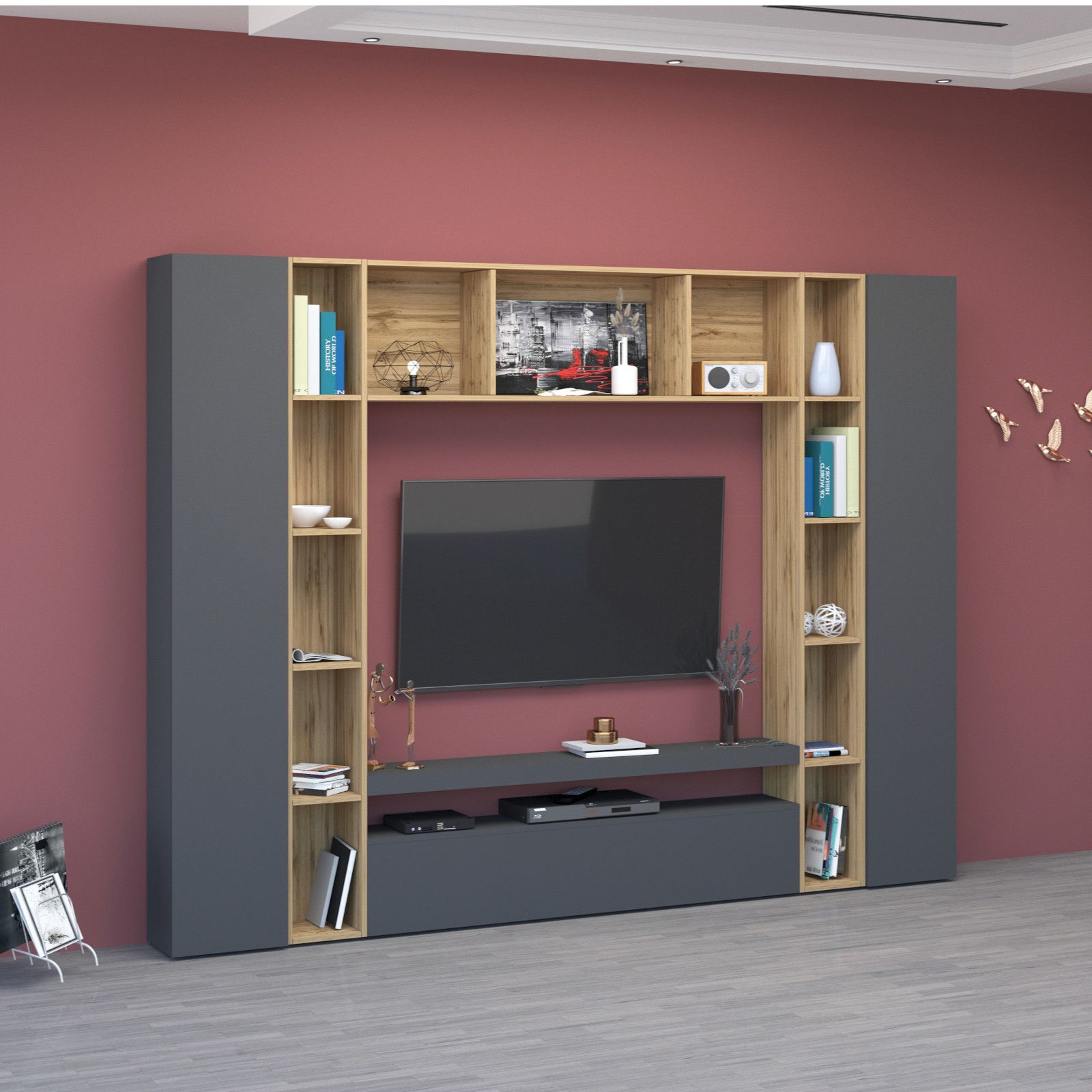 Parete attrezzata in legno di frassino nero con pannello porta TV a parete  e cassetti - XLAB Design