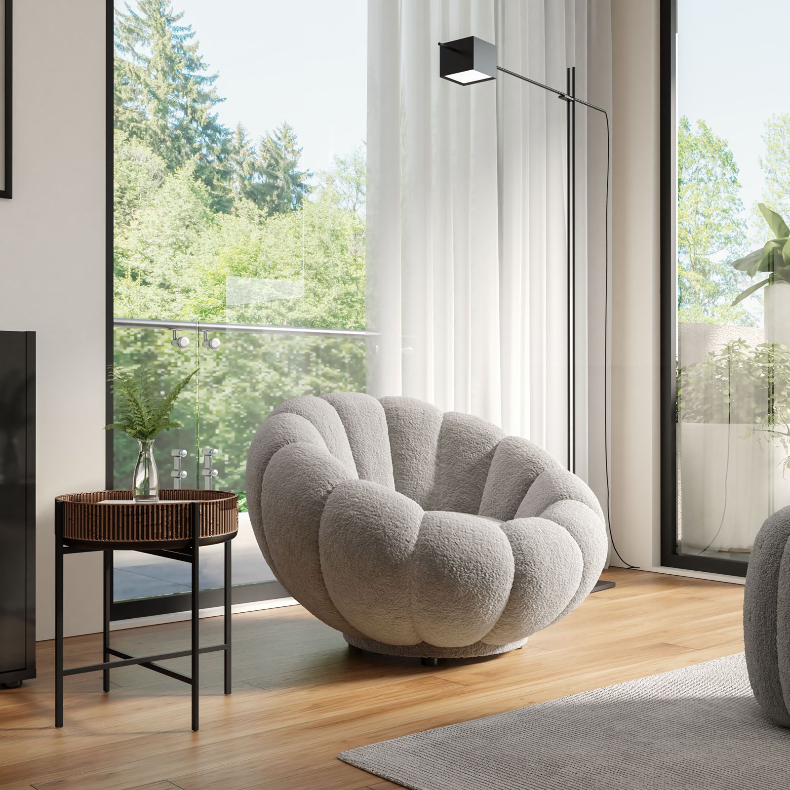 Maxi poltrona girevole a fiore bouclé bianco su tessuto grigio