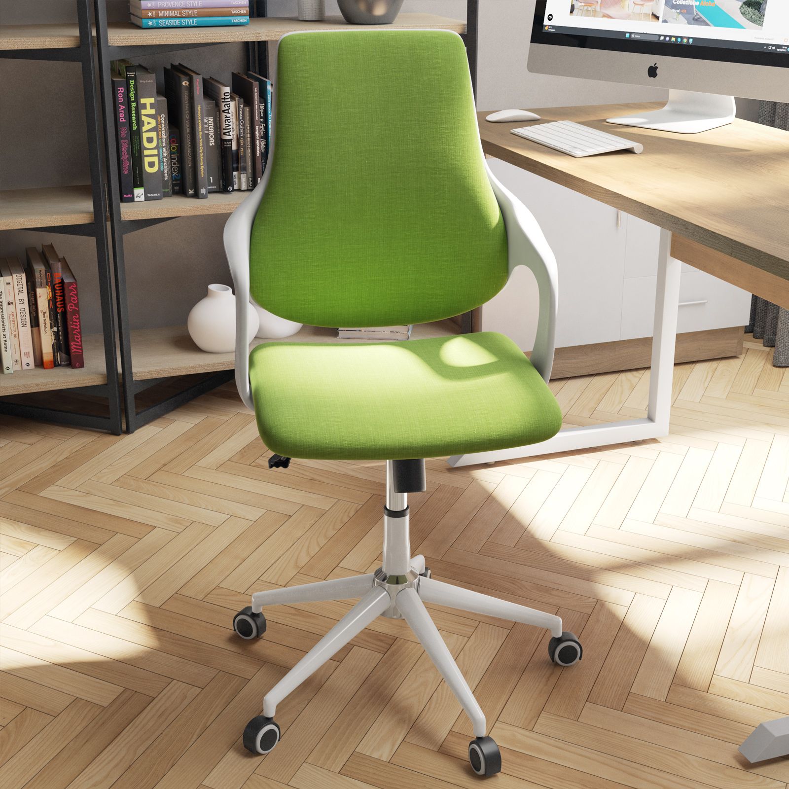Poltrona da ufficio girevole in tessuto verde con schienale ergonomico e  base in metallo bianco - Offis