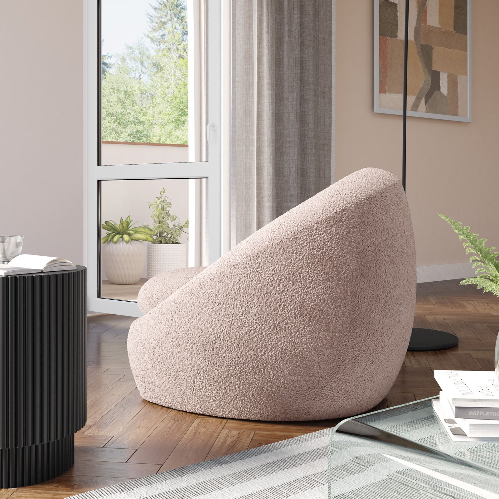 Poltrona girevole a guscio in tessuto bouclé rosa cipria Dasha