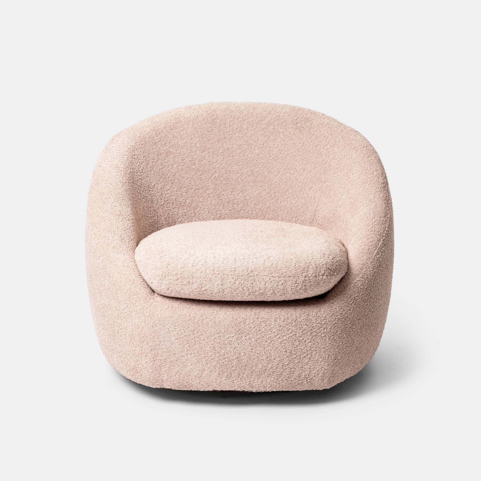 Poltrona girevole a guscio in tessuto bouclé rosa cipria Dasha