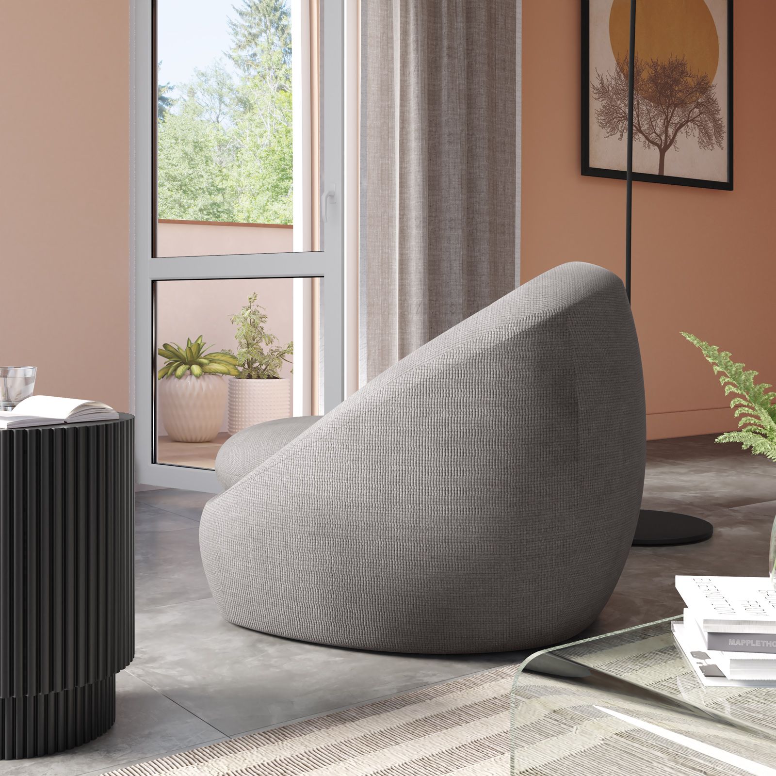 Poltrona girevole a guscio in tessuto effetto maglia grigio Dasha