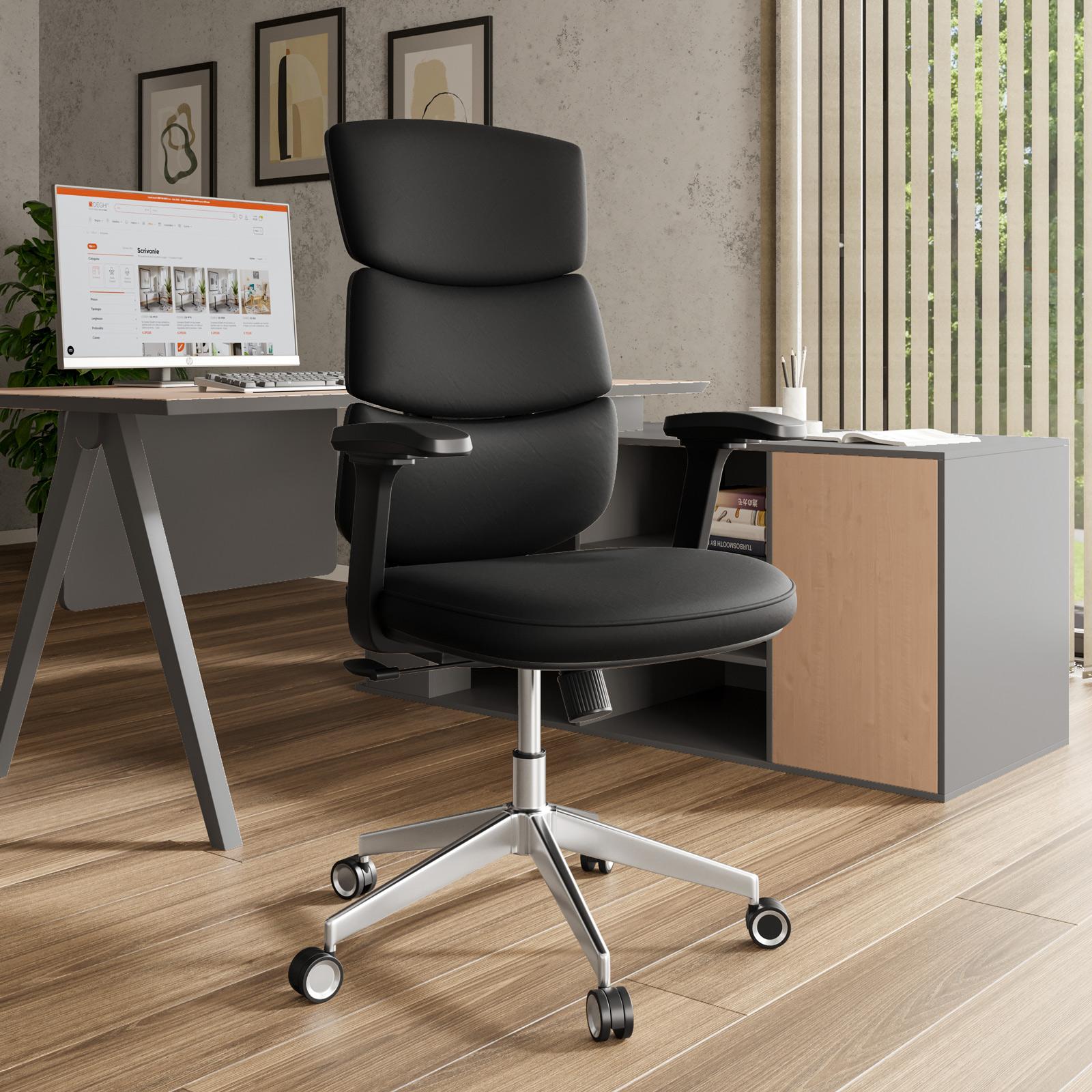 Poltrona girevole da ufficio in tessuto nero con struttura cromo