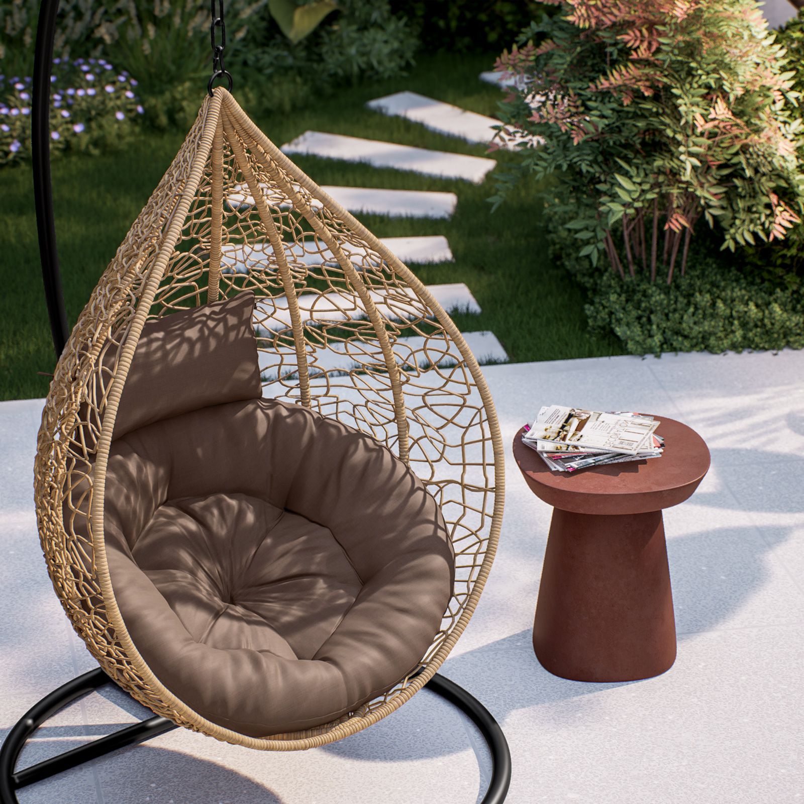 Poltrona sospesa in polyrattan naturale con cuscino e supporto - Tristan