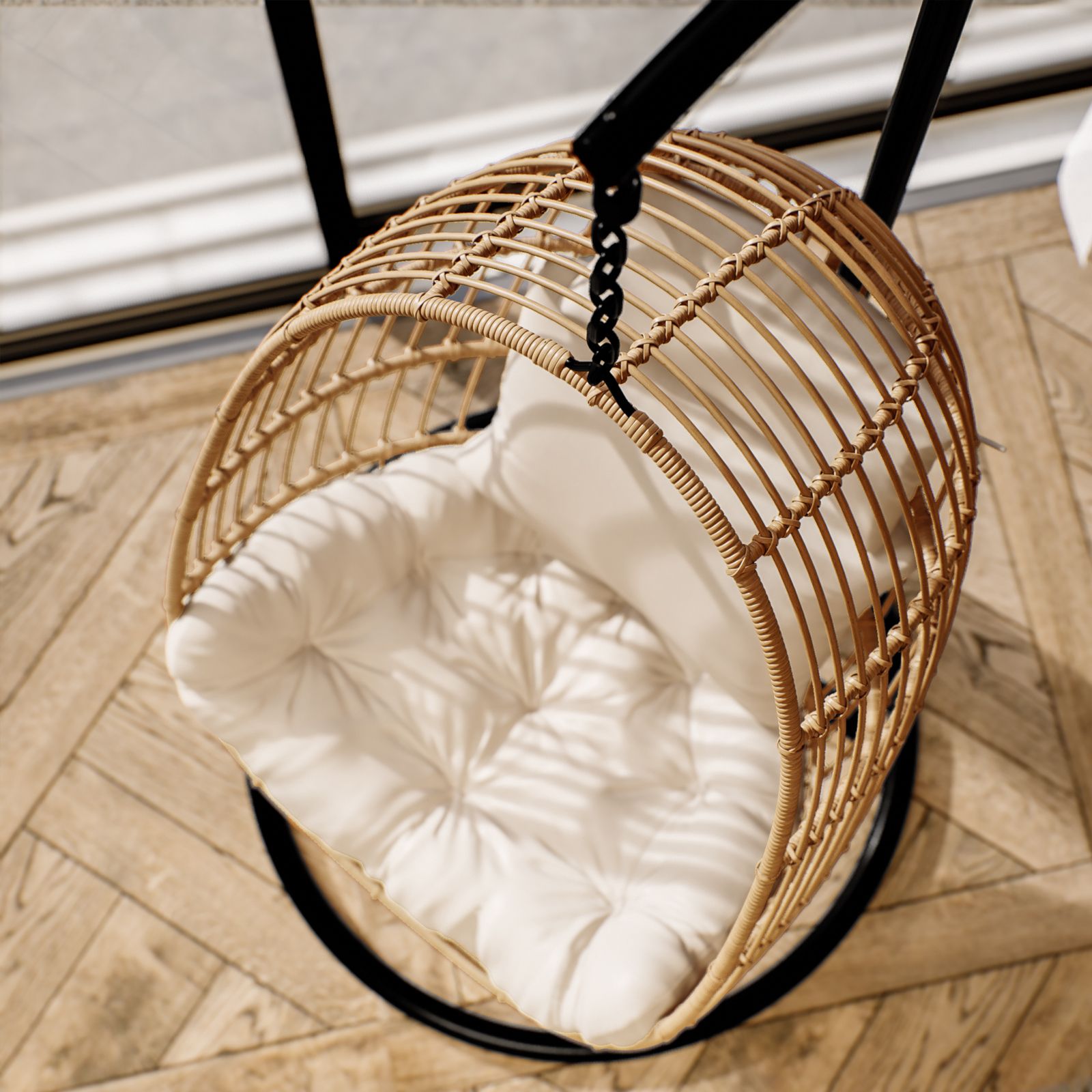 Poltrona sospesa in polyrattan naturale con cuscino e supporto - Tristan