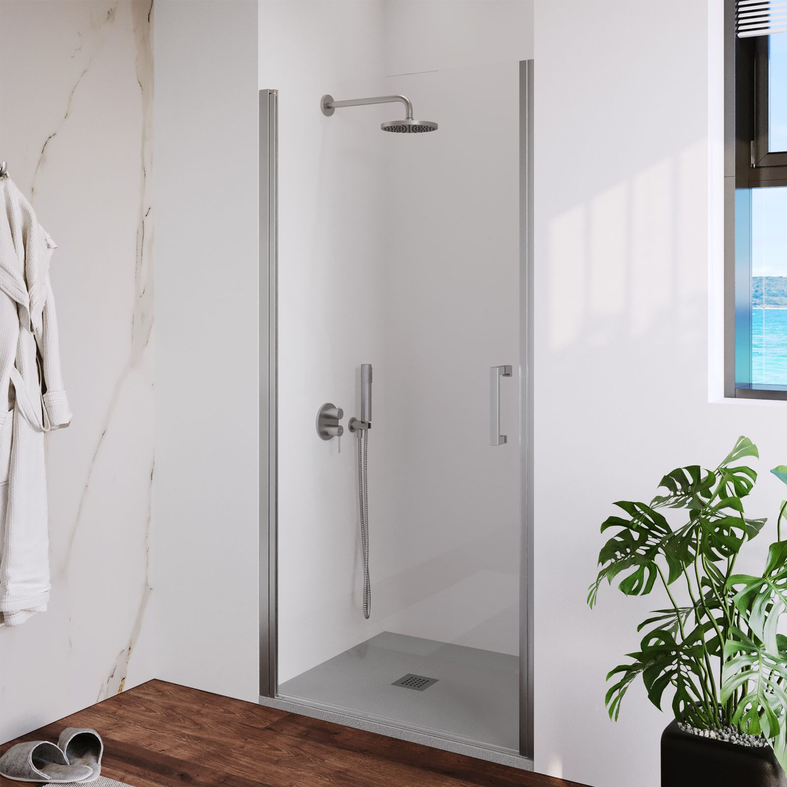 Porta doccia battente trasparente per nicchia bagno h195, seleziona misura  90