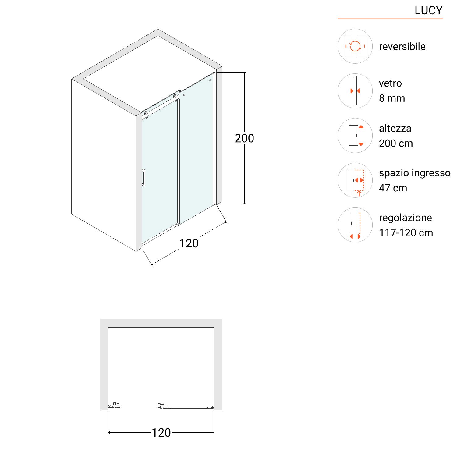 Box doccia nicchia 120 cm scorrevole vetro anticalcare fumè e profilo nero  200h - Lucy