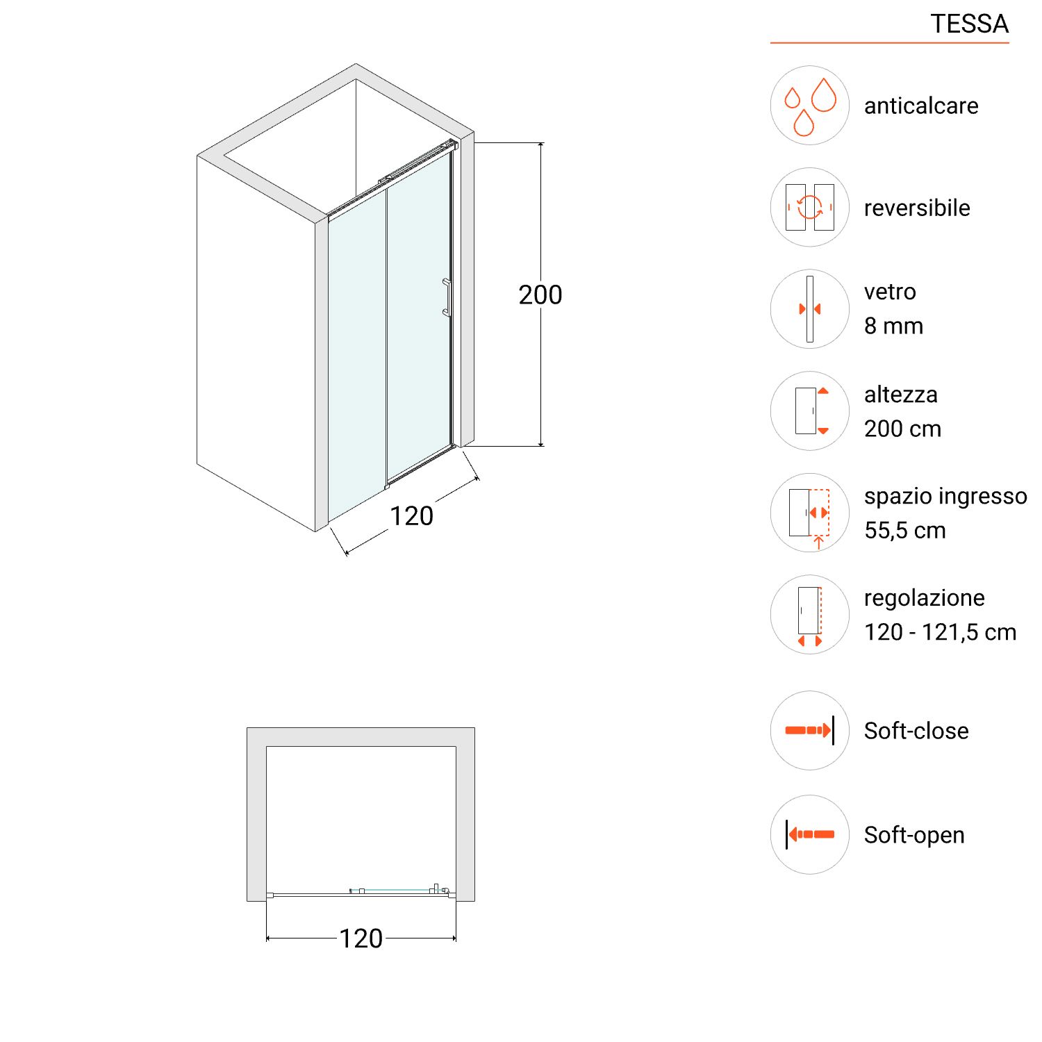 Box doccia a nicchia 120 cm un anta scorrevole a chiusura magnetica  reversibile vetro 8 mm trasparente H.195 profili cromo Sofia