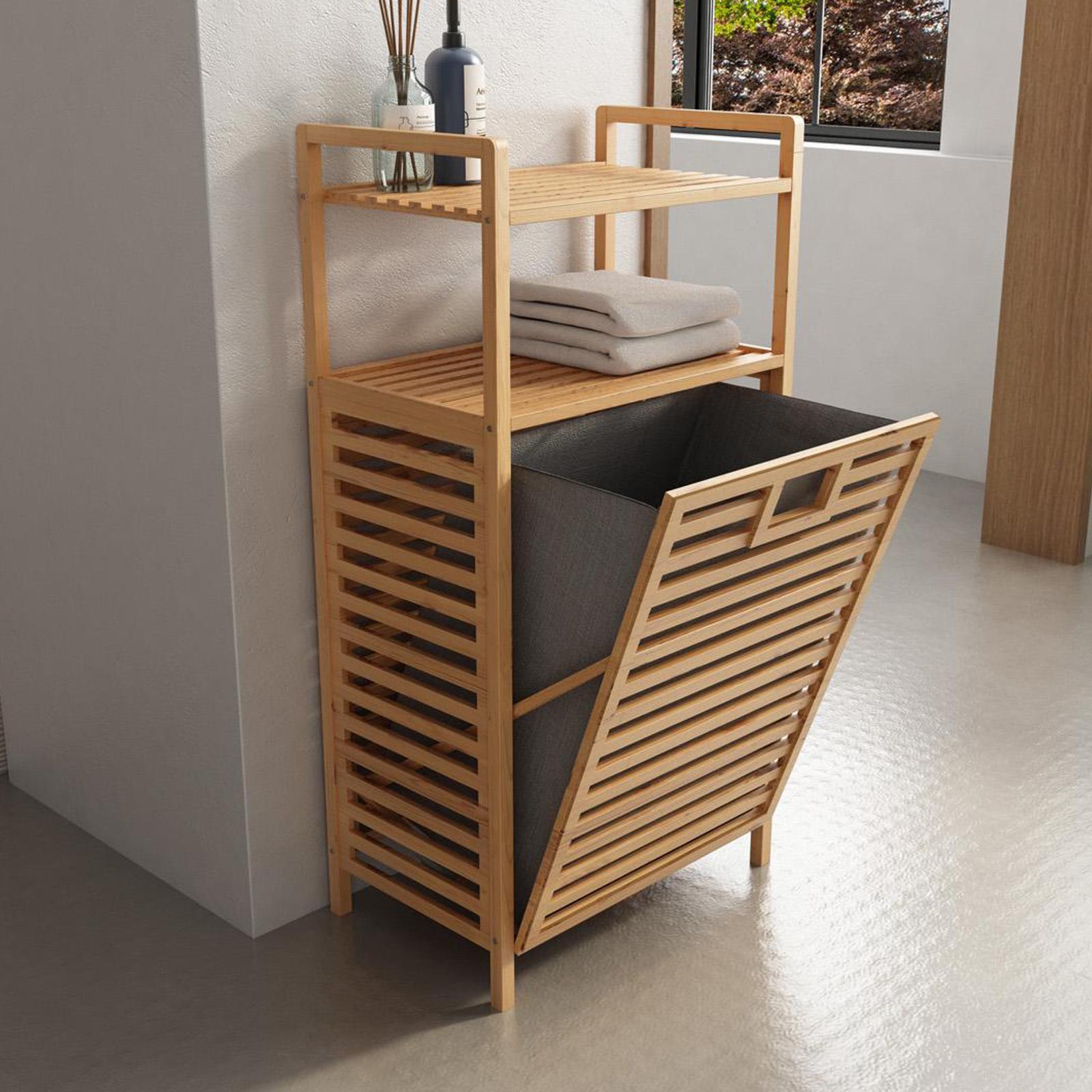 GarveeHome Cesto Portabiancheria Con Ripiano – Organizer Da Lavanderia 87L, 2 Borse Estraibili E Rimovibili In Tessuto Oxford – Per Bagno, Camera Da Letto, Marrone Rustico/Nero - 3
