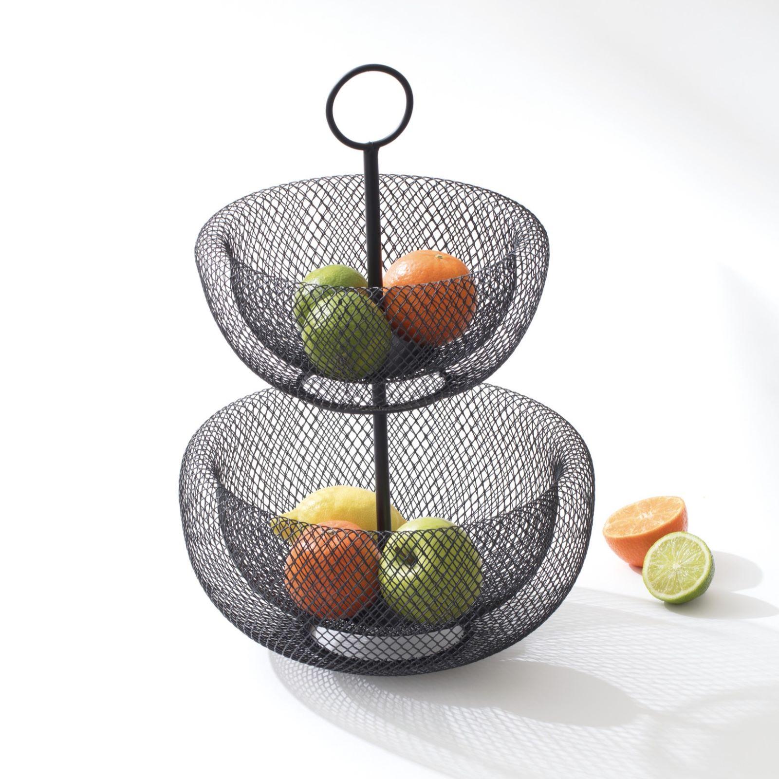 Cesto Portafrutta A 2 Piani In Metallo – Portaverdura A Rete, Design Scandinavo, Per Cucina E Soggiorno – Colore: Nero (Ø28/18,5cm, H36,5cm)