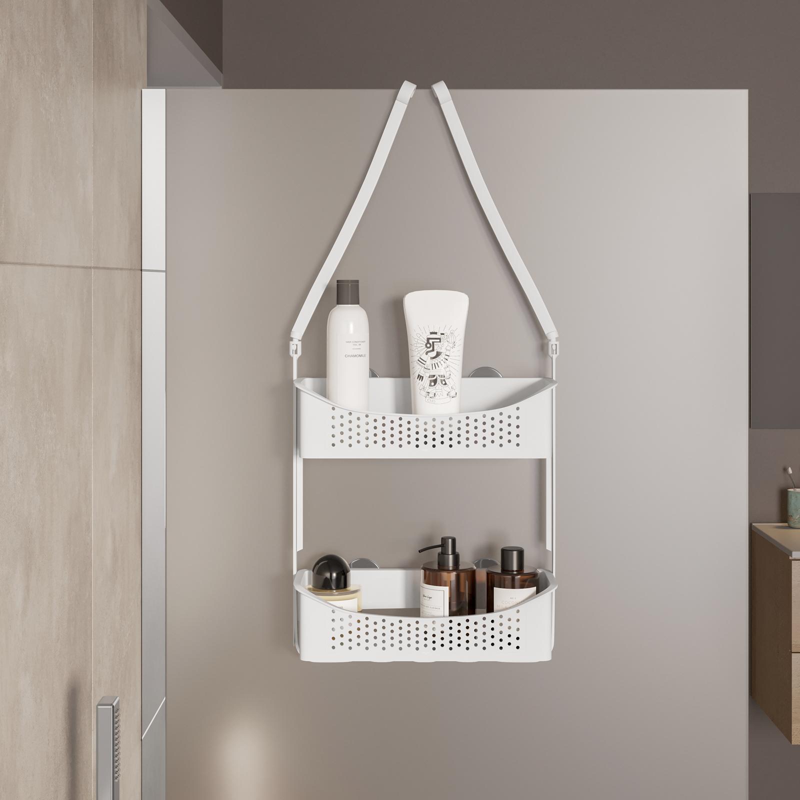 Organizer Doccia Sospeso 3 Ripiani Con Cestelli Mobili – Sopra Soffione – Grigio Con Ganci