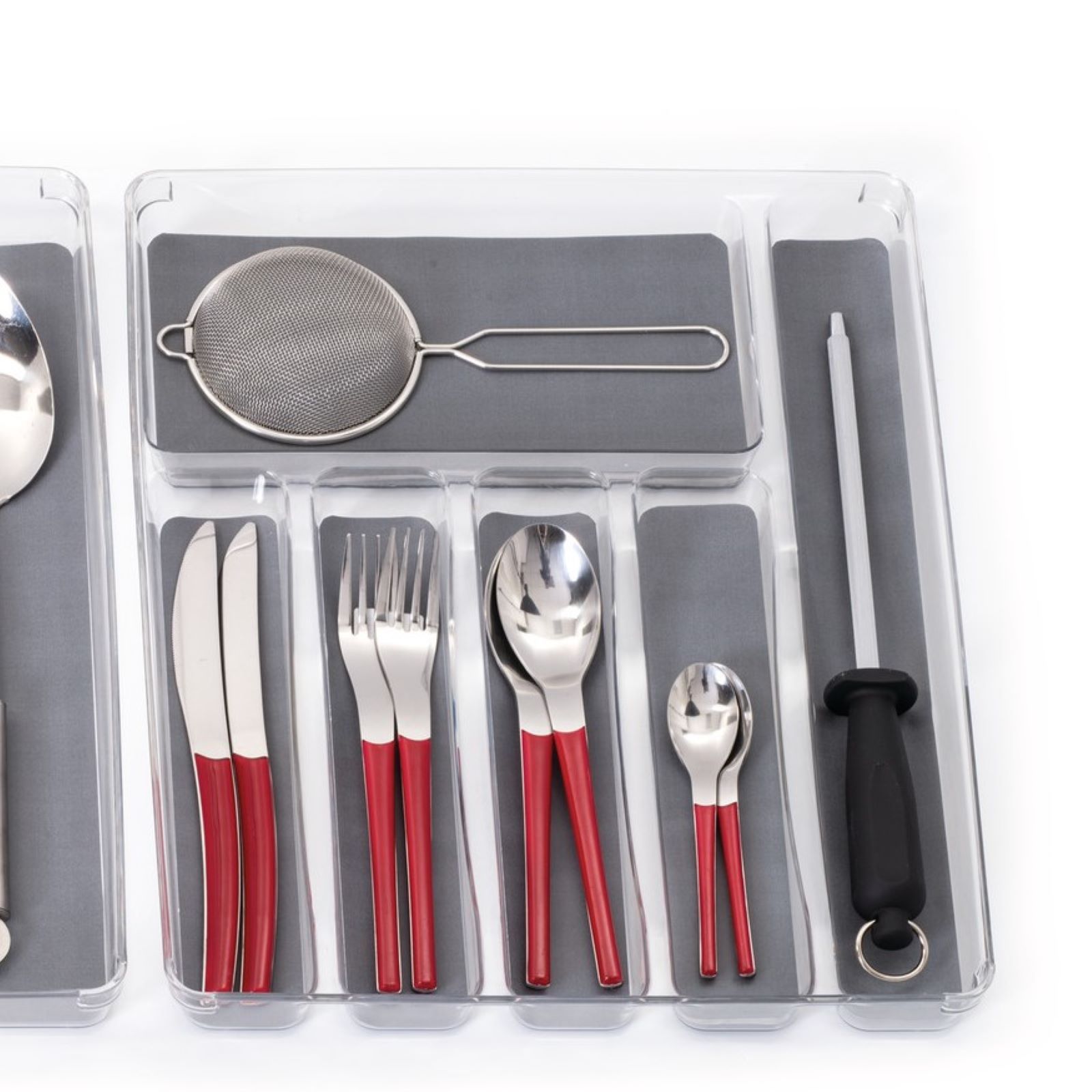 Organizzatore Portaposate Antiscivolo Per Cassetto - 7 Scomparti Regolabili, Materiale PP Per Alimenti, Grigio, Per Cucina, Bagno E Trucco