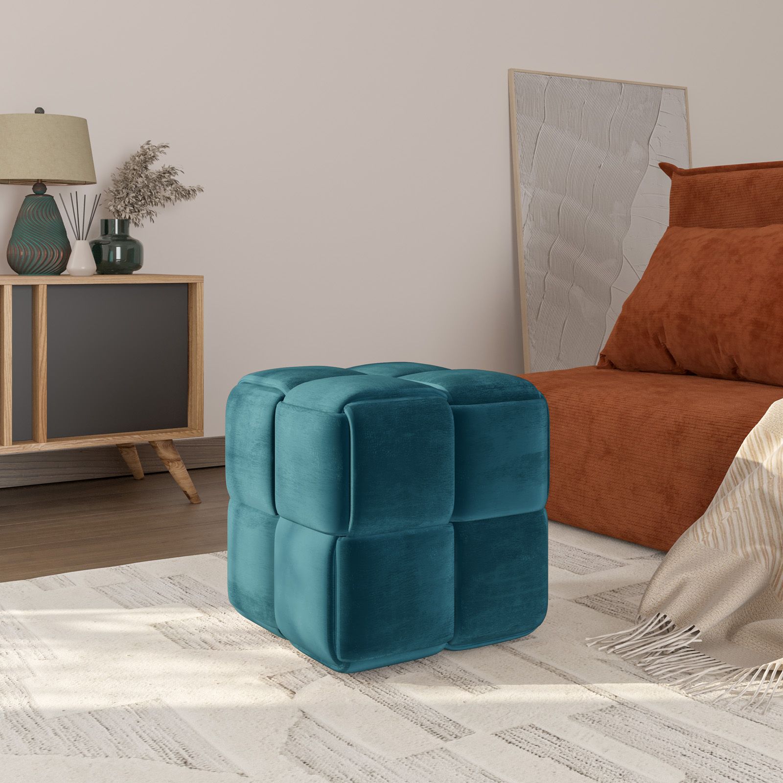 Pouf 36x36 cm in velluto blu petrolio antimacchia e idrorepellente